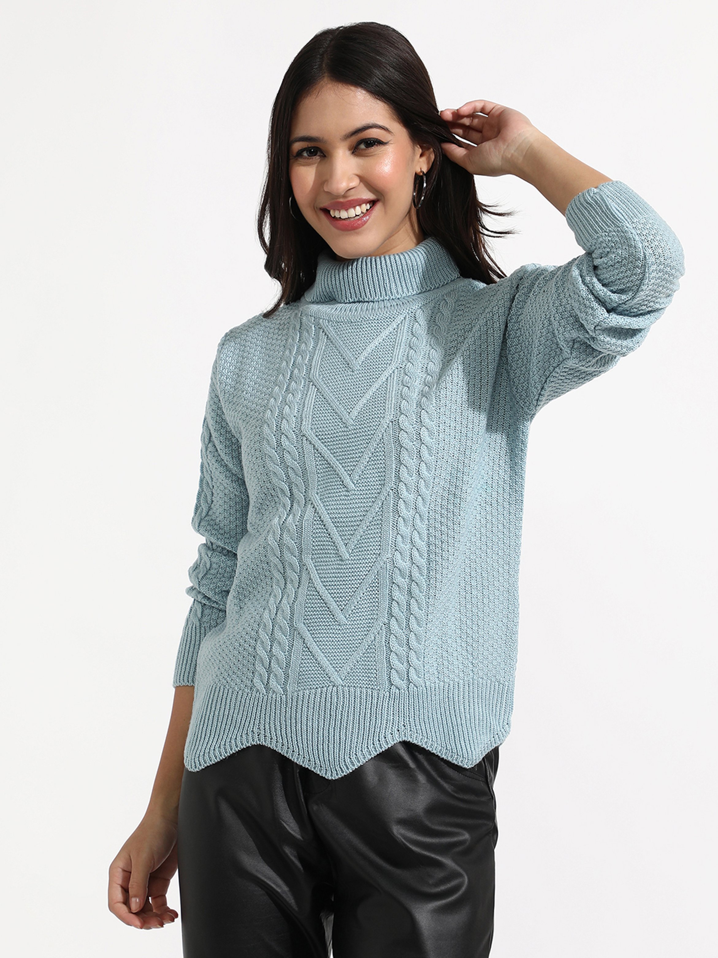 Light Blue Cable Knit Turtleneck Sweater