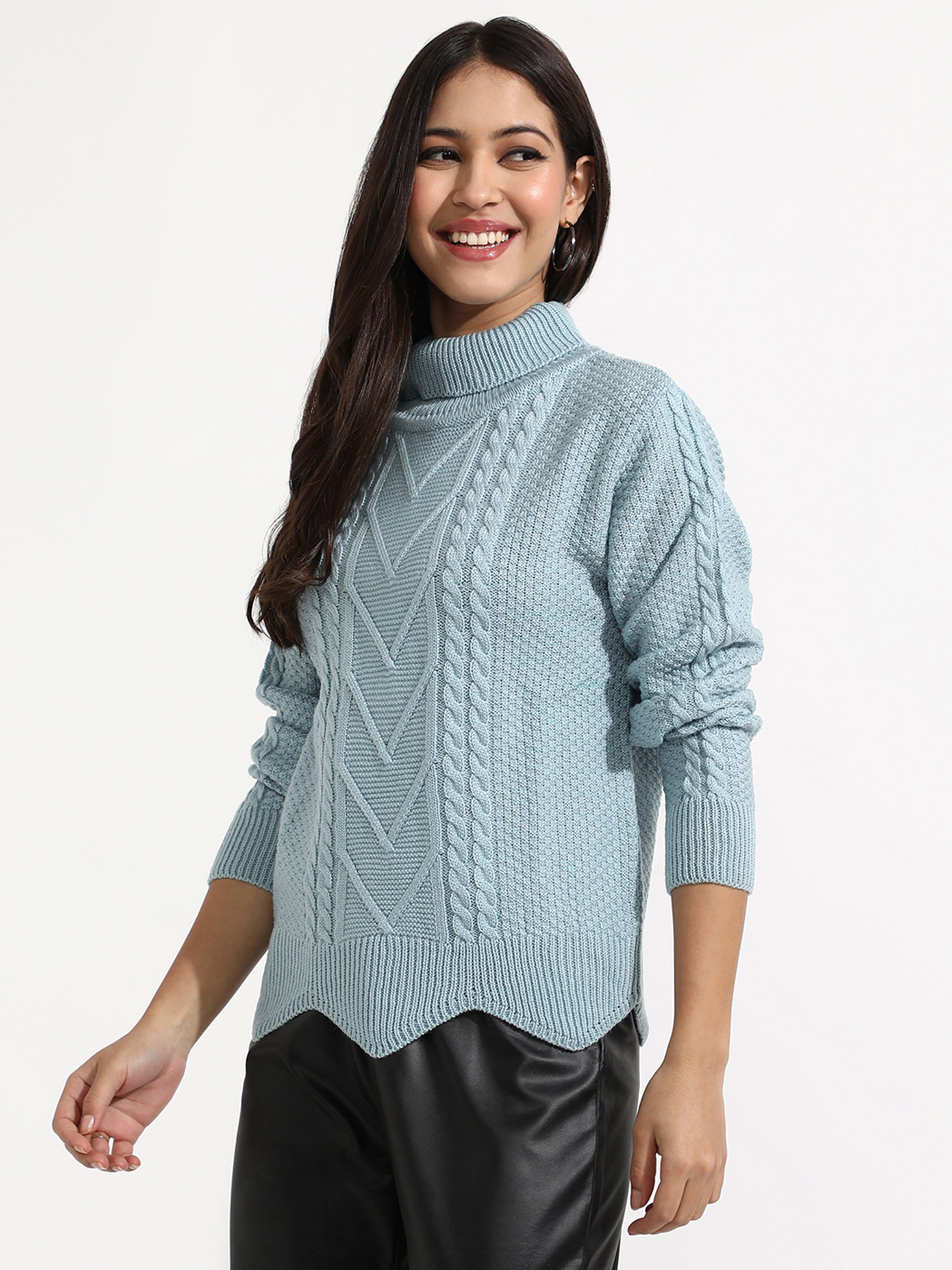 Light Blue Cable Knit Turtleneck Sweater