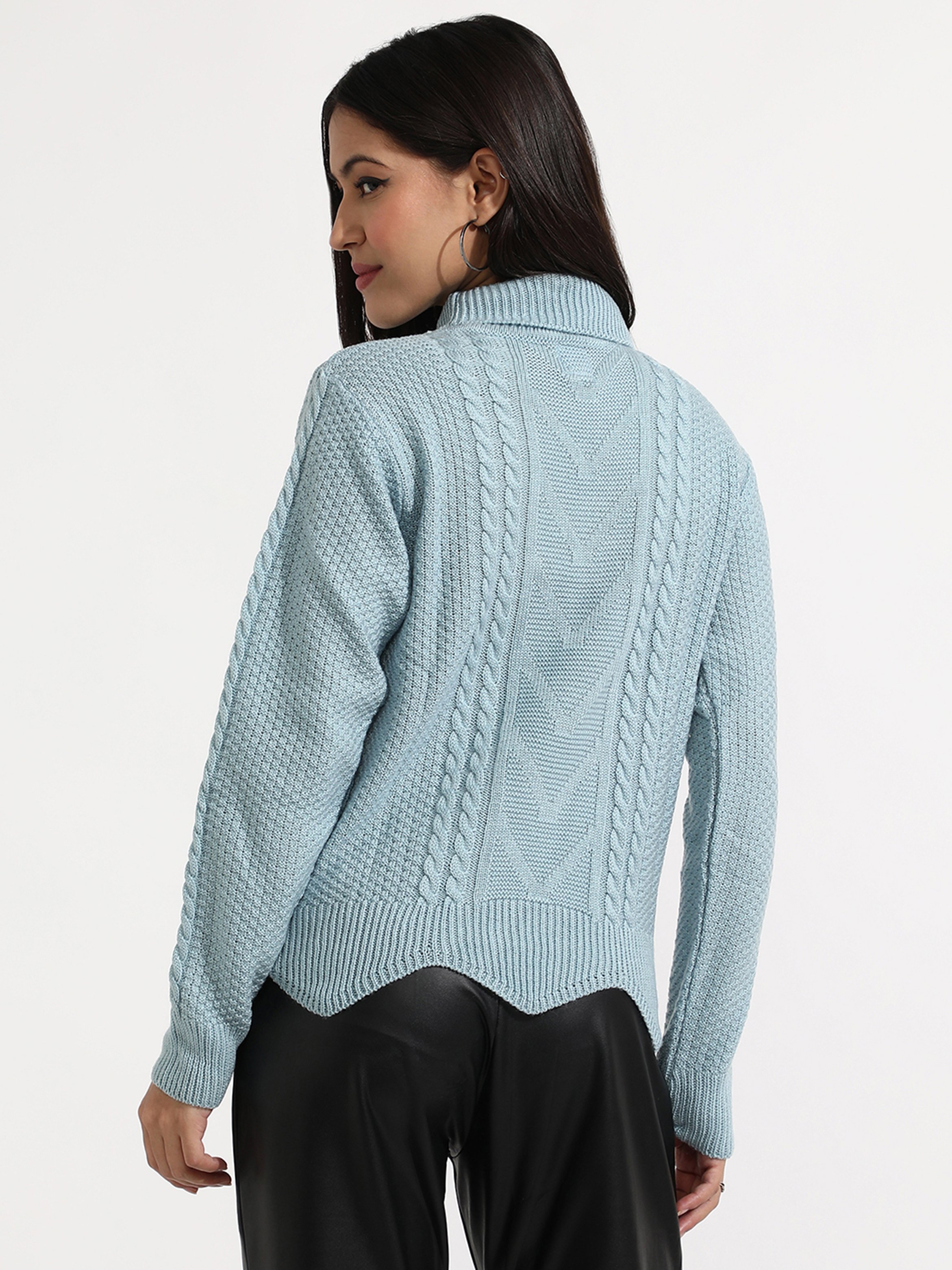 Light Blue Cable Knit Turtleneck Sweater
