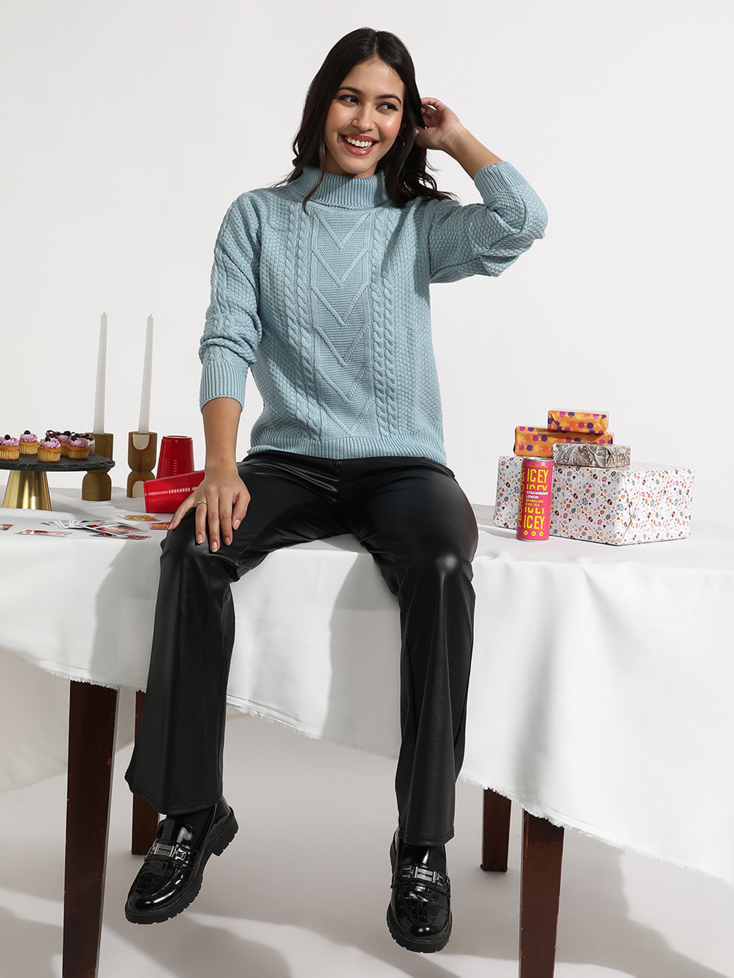 Light Blue Cable Knit Turtleneck Sweater
