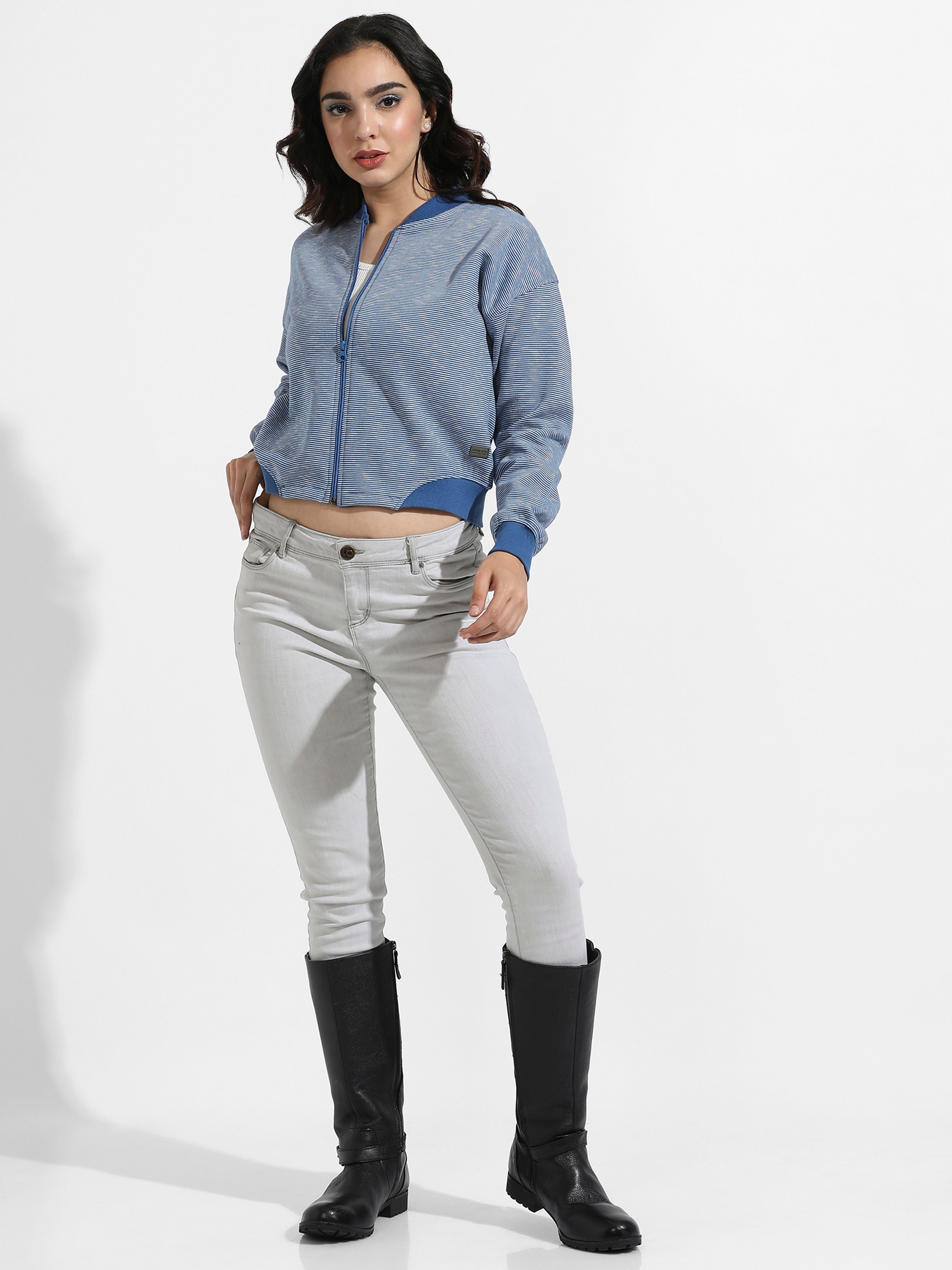Blue Striped Zip-Up Bomber Jacket
