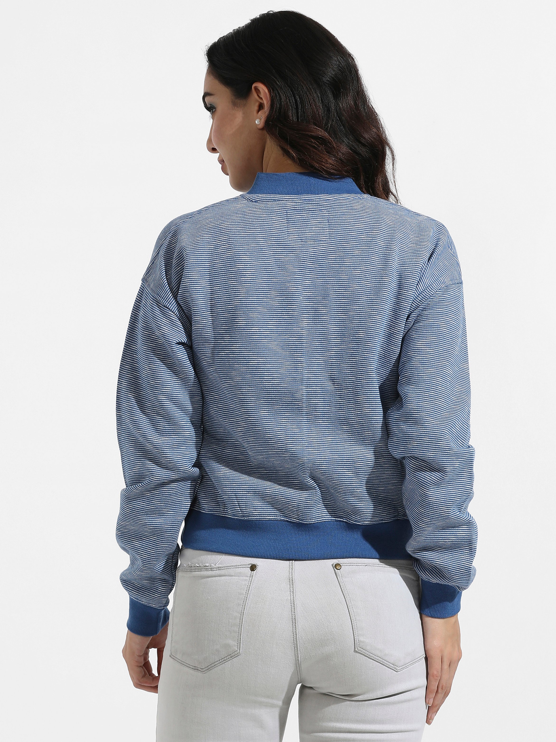 Blue Striped Zip-Up Bomber Jacket