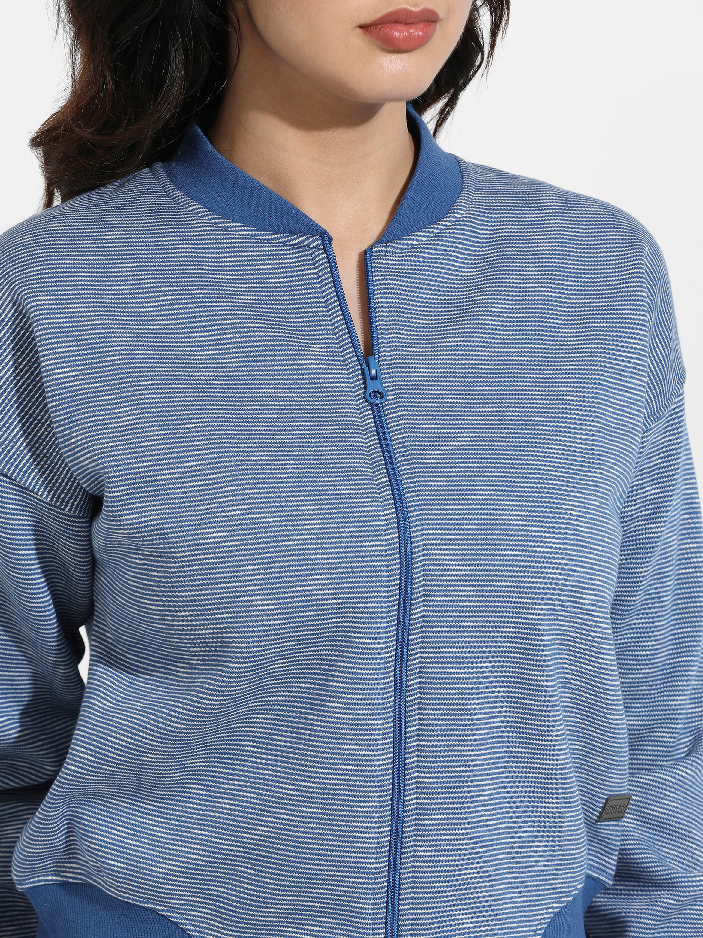 Blue Striped Zip-Up Bomber Jacket
