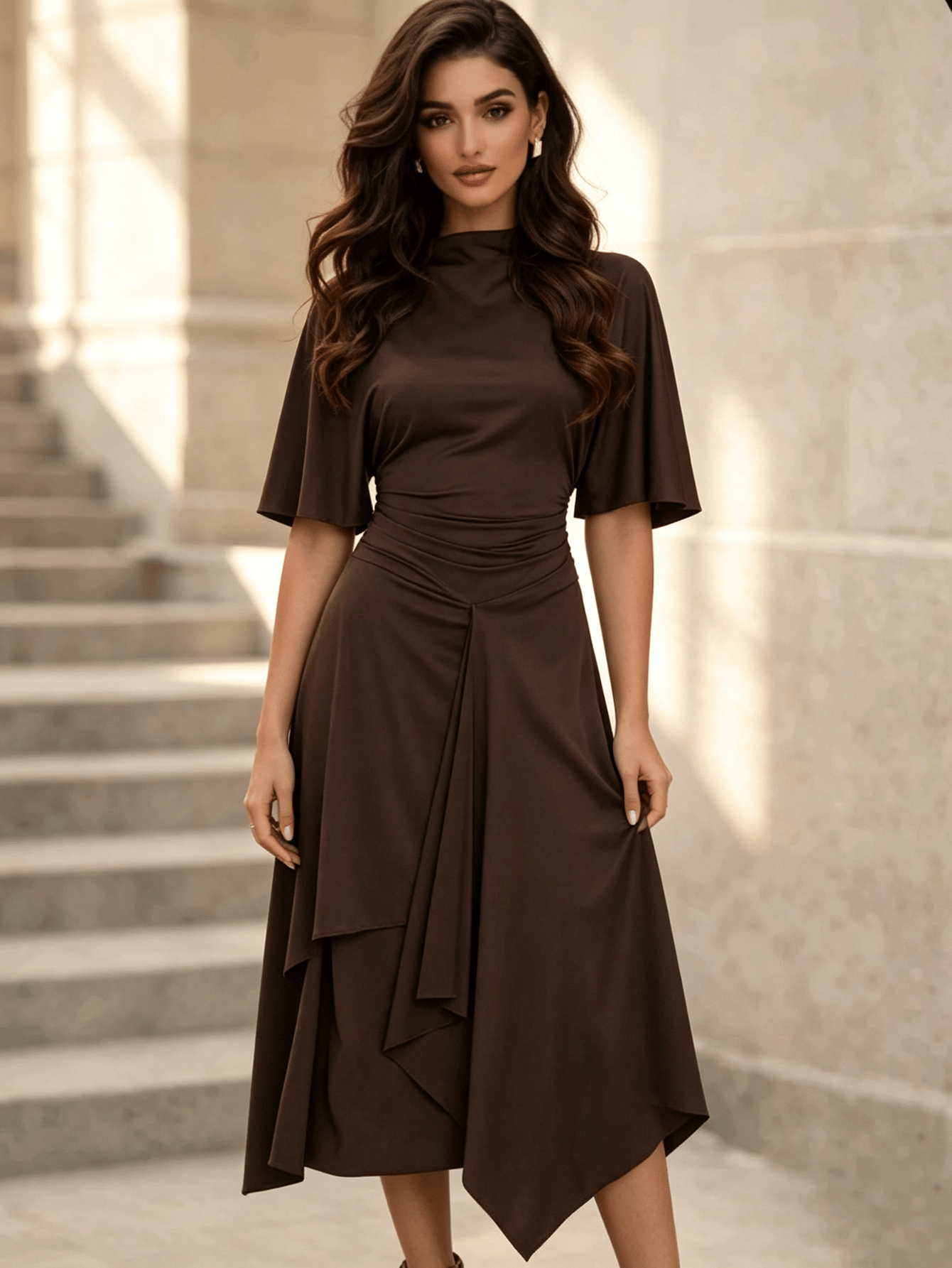 Coffee Brown A-Line Midi Dress with Flutter Sleeves