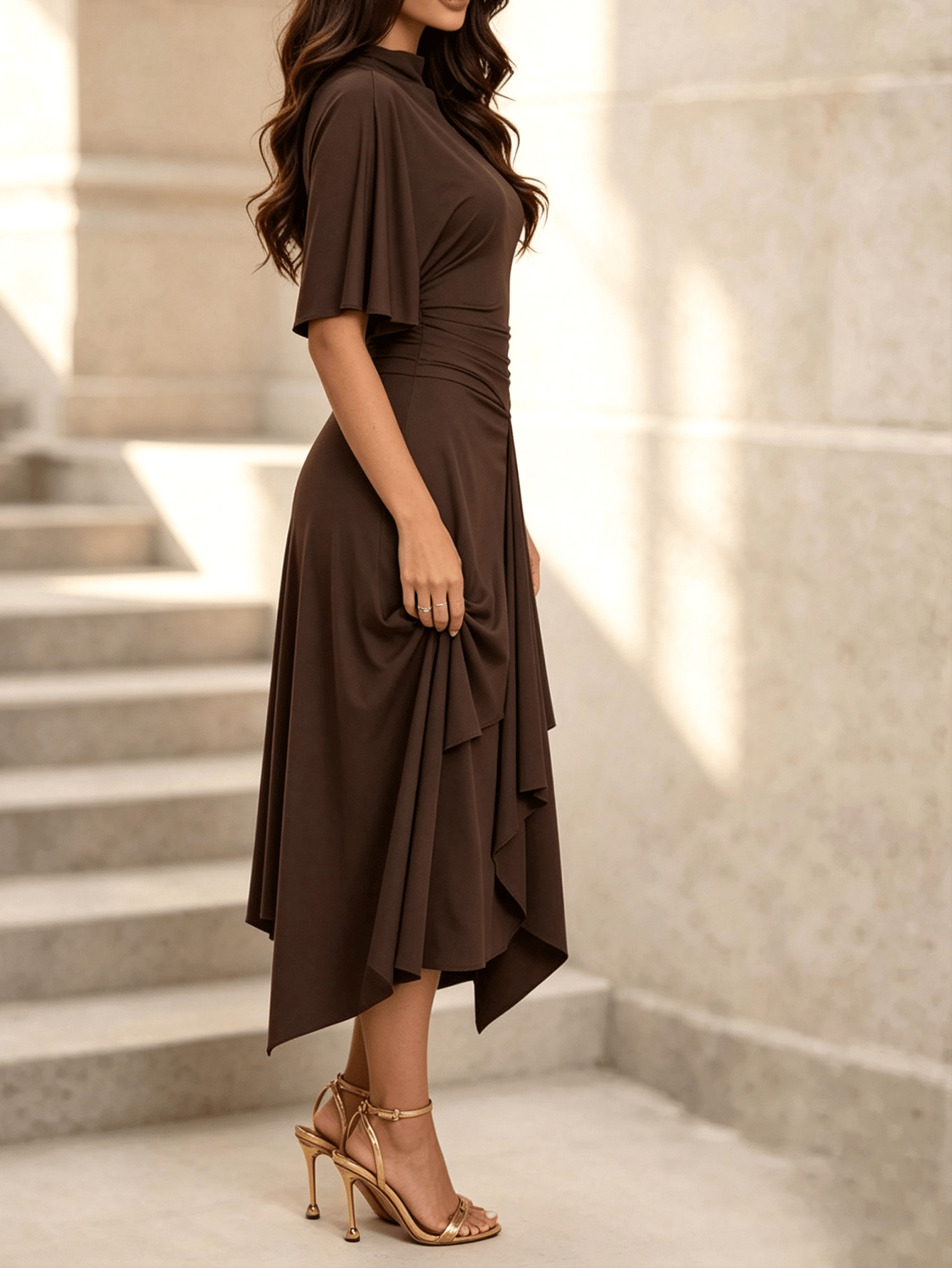 Coffee Brown A-Line Midi Dress with Flutter Sleeves