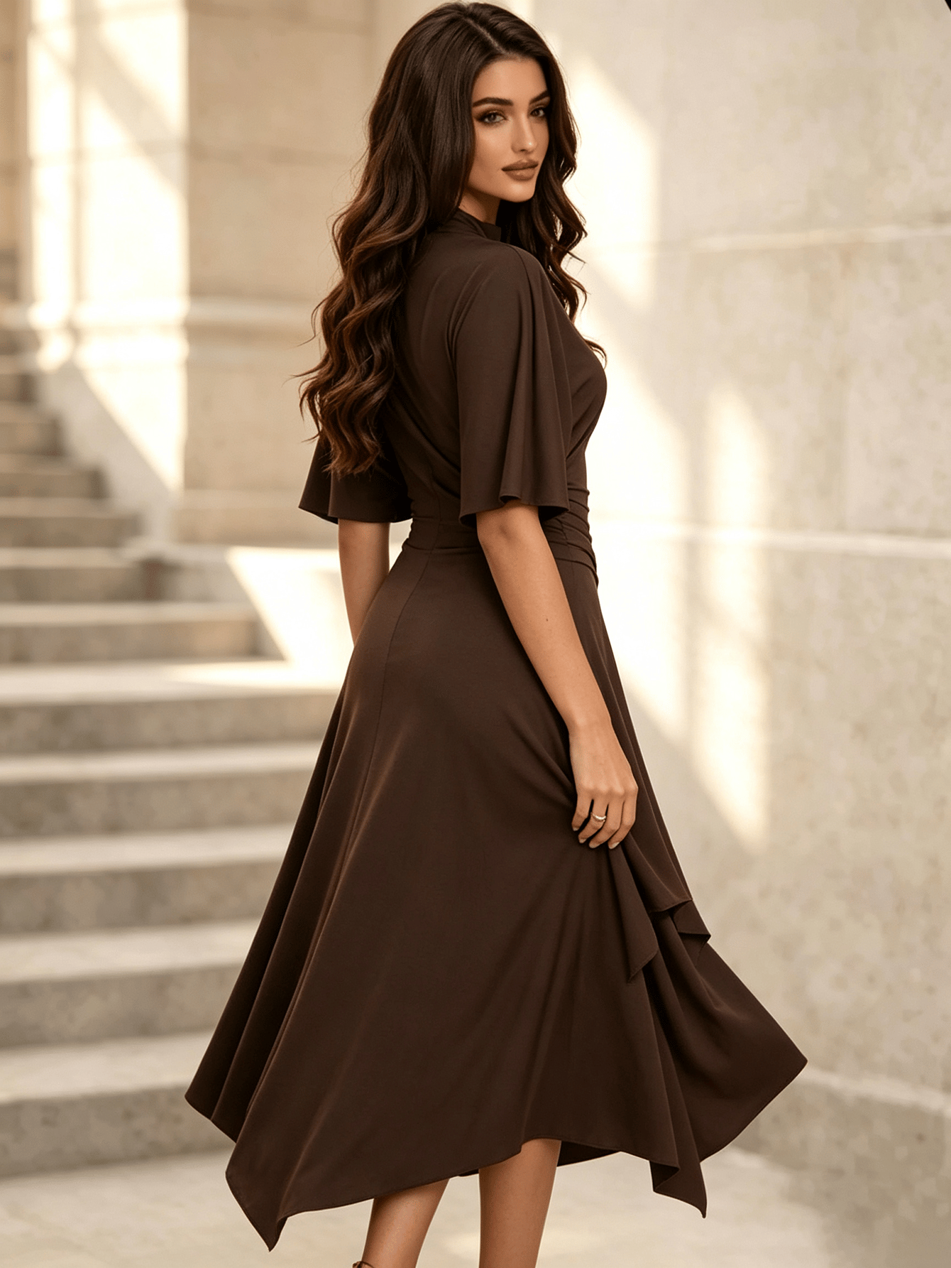 Coffee Brown A-Line Midi Dress with Flutter Sleeves
