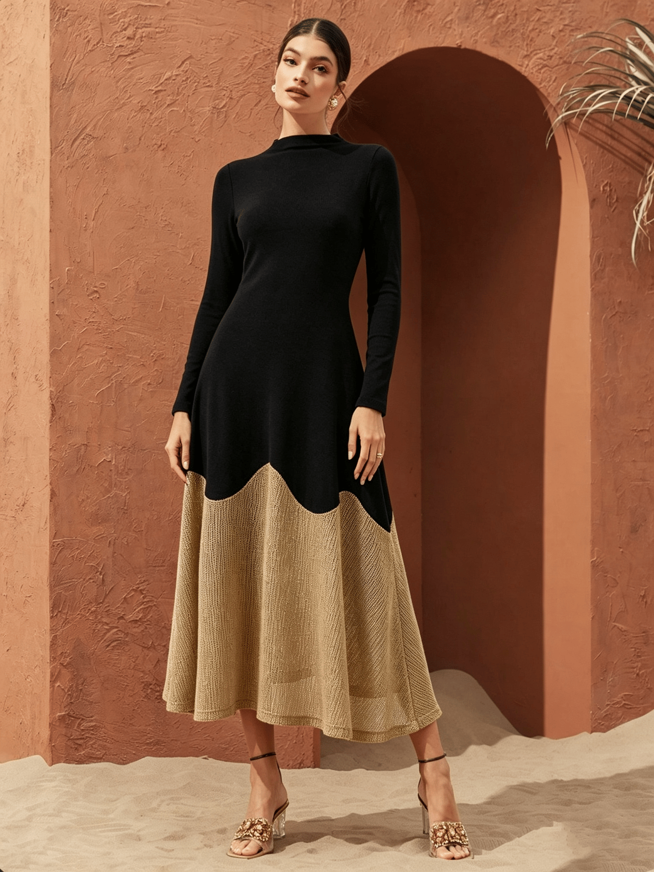 Modest Color Block A-Line Midi Dress with Long Sleeves