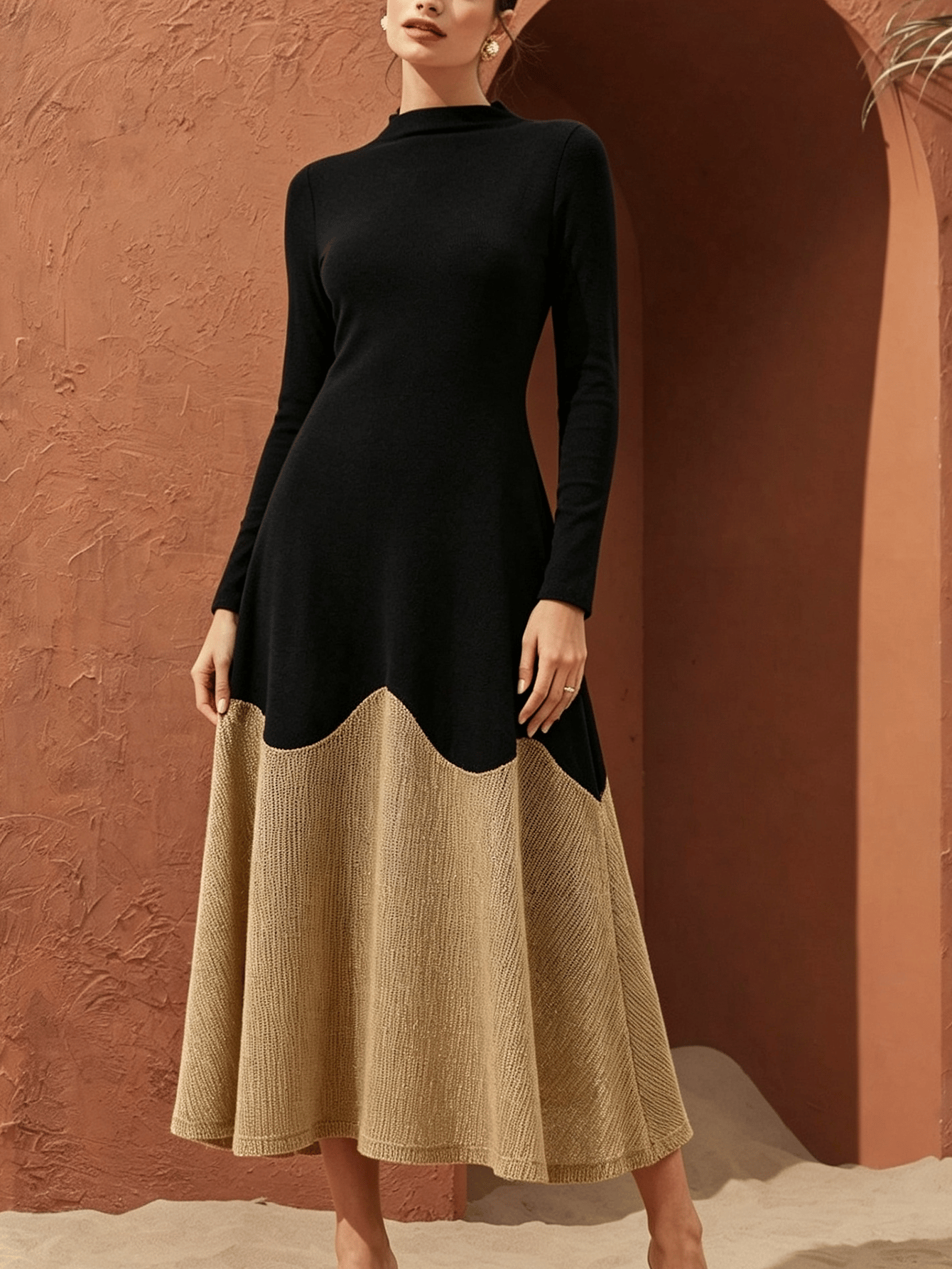 Modest Color Block A-Line Midi Dress with Long Sleeves