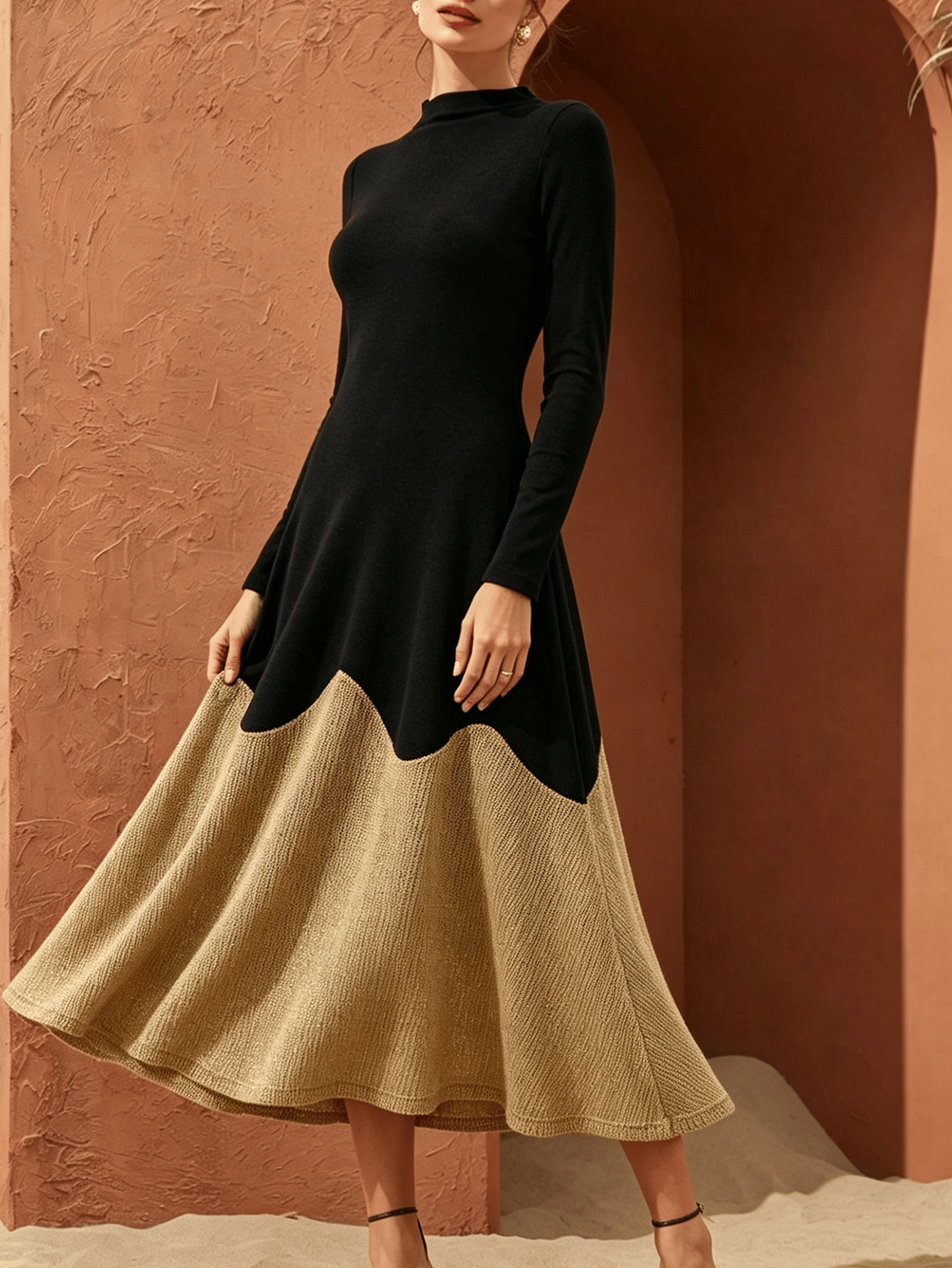 Modest Color Block A-Line Midi Dress with Long Sleeves