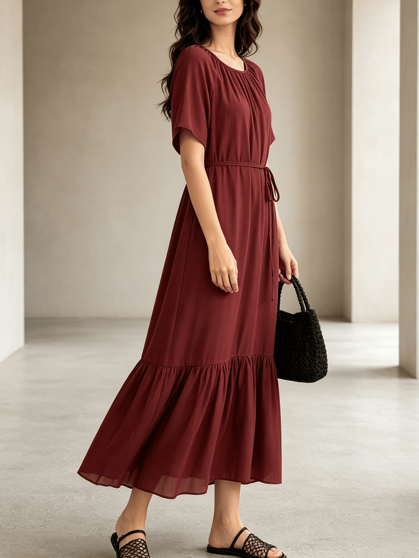 Burgundy A-Line Midi Dress with Short Sleeves and Waist Tie