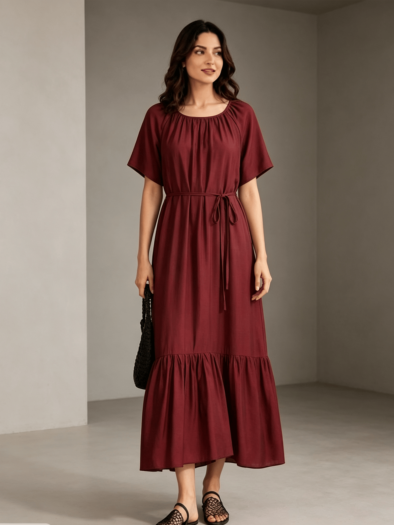 Burgundy A-Line Midi Dress with Short Sleeves and Waist Tie
