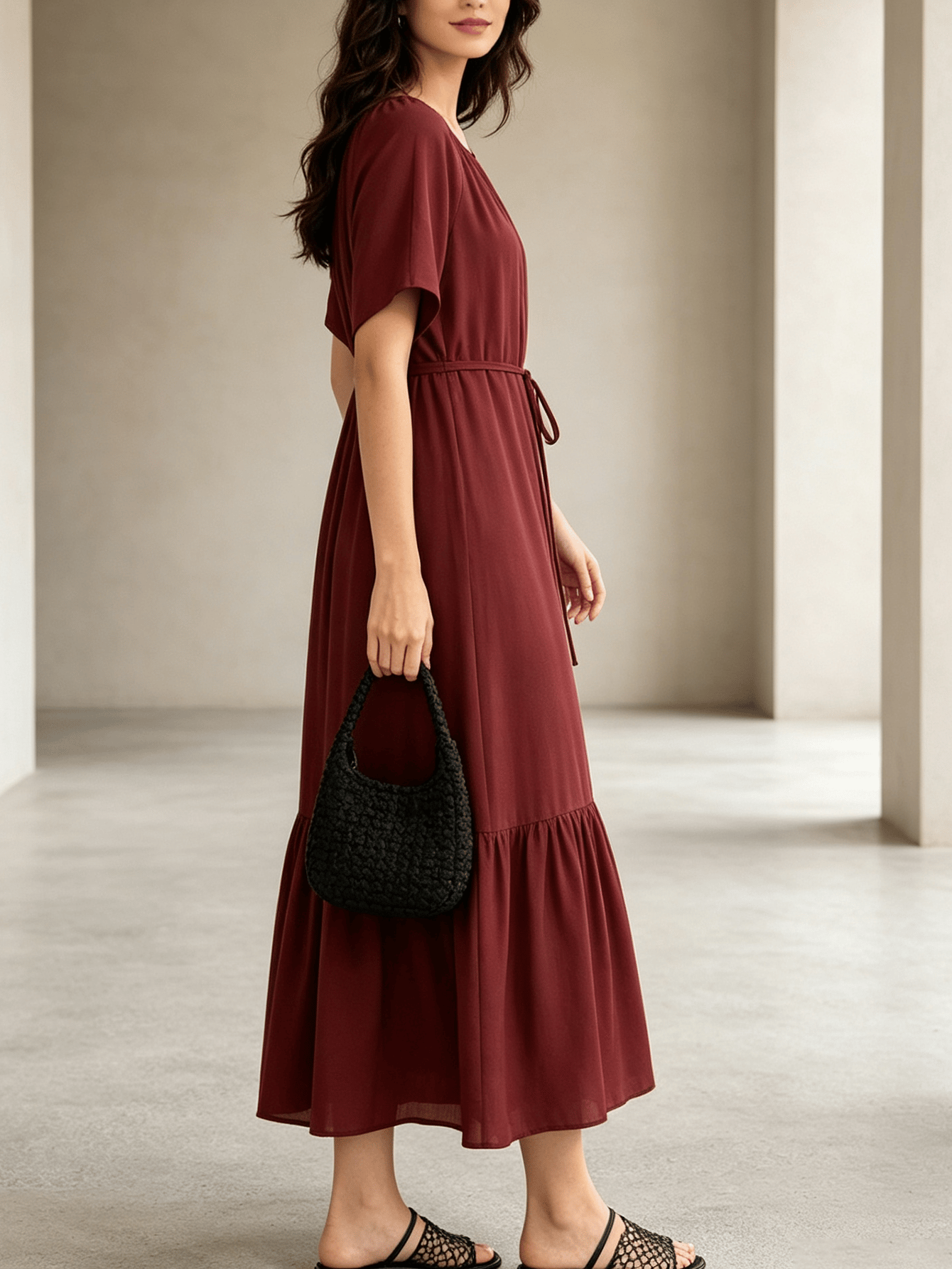 Burgundy A-Line Midi Dress with Short Sleeves and Waist Tie