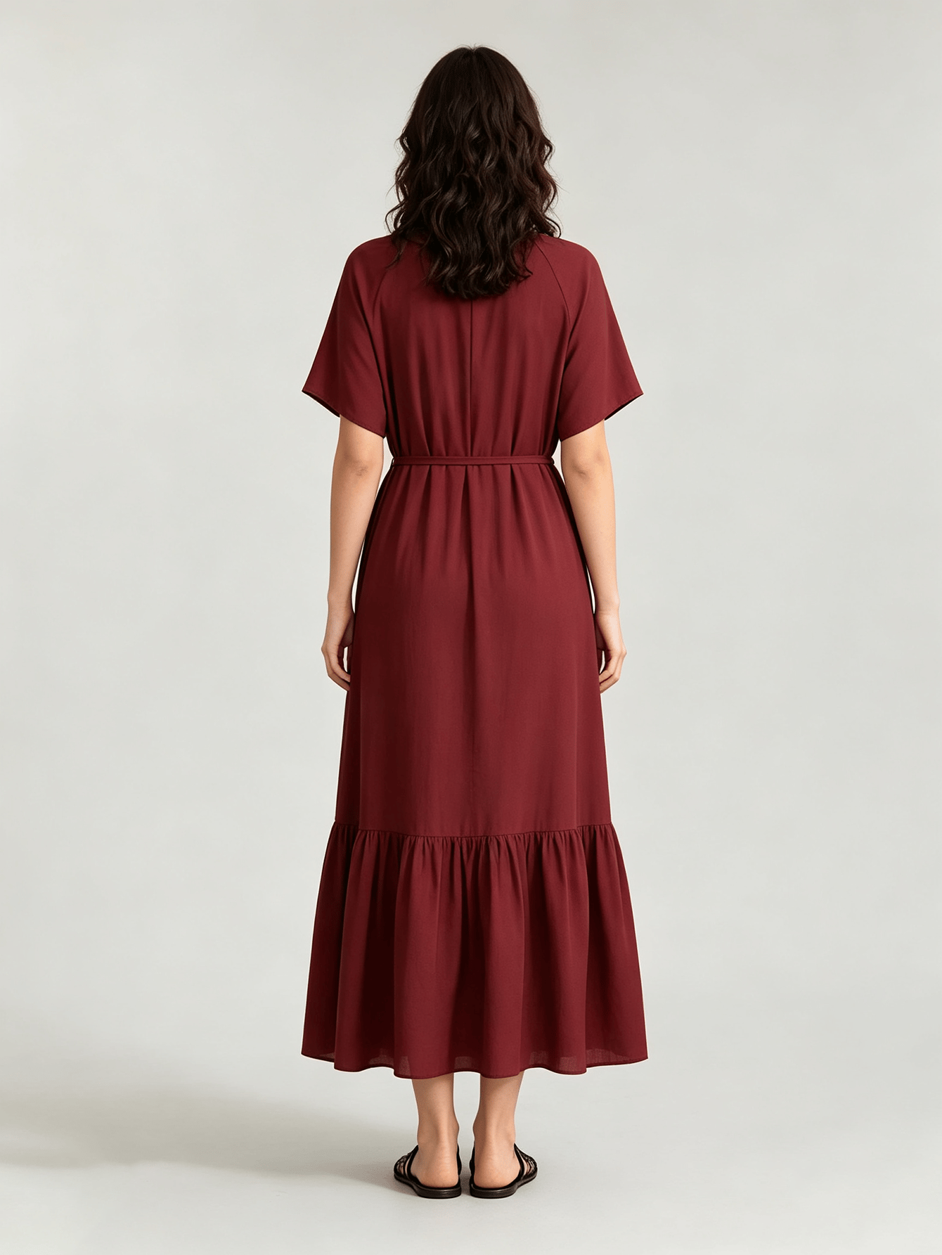 Burgundy A-Line Midi Dress with Short Sleeves and Waist Tie