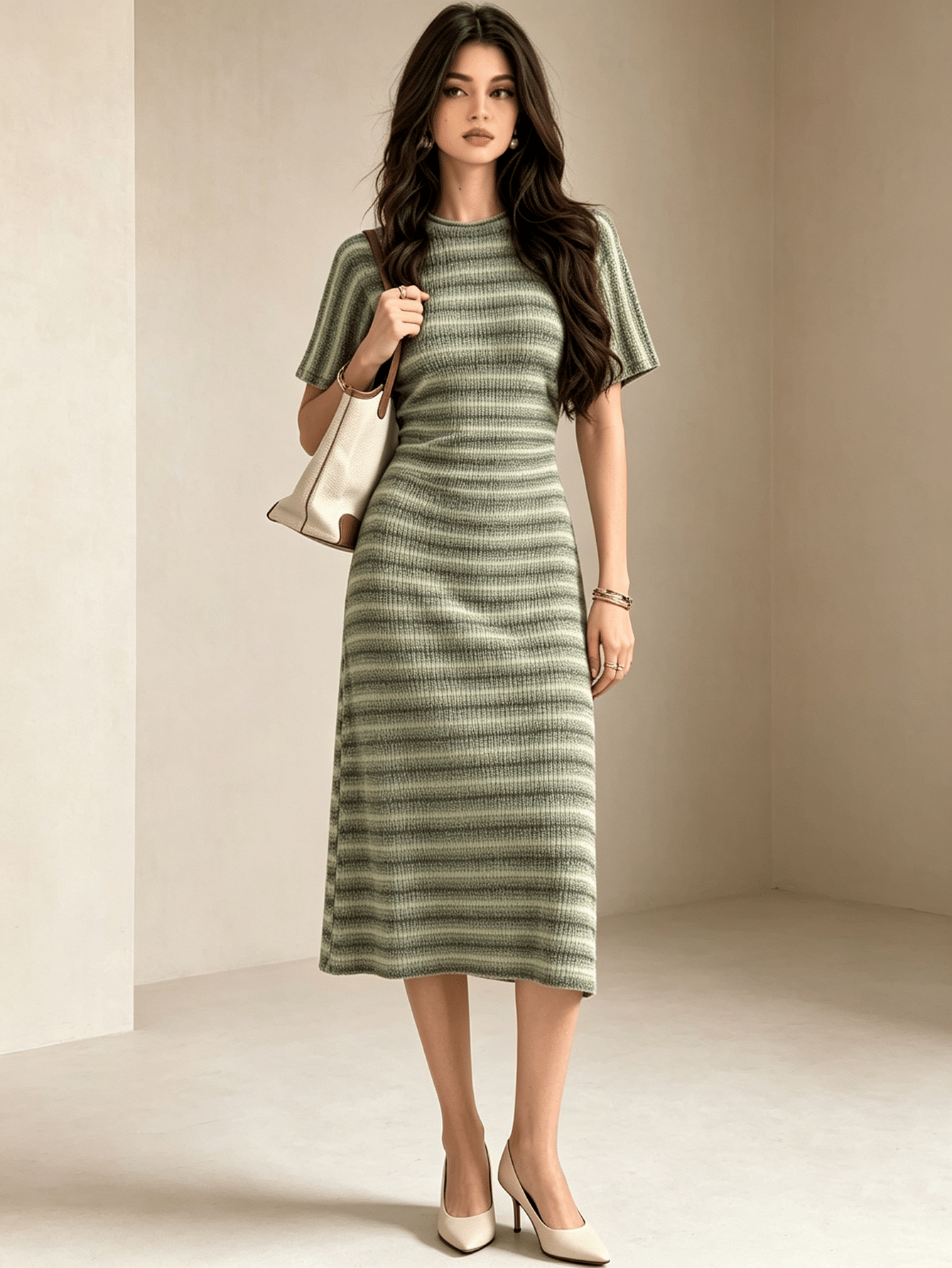 Green Striped Bodycon Midi Dress with Short Sleeves