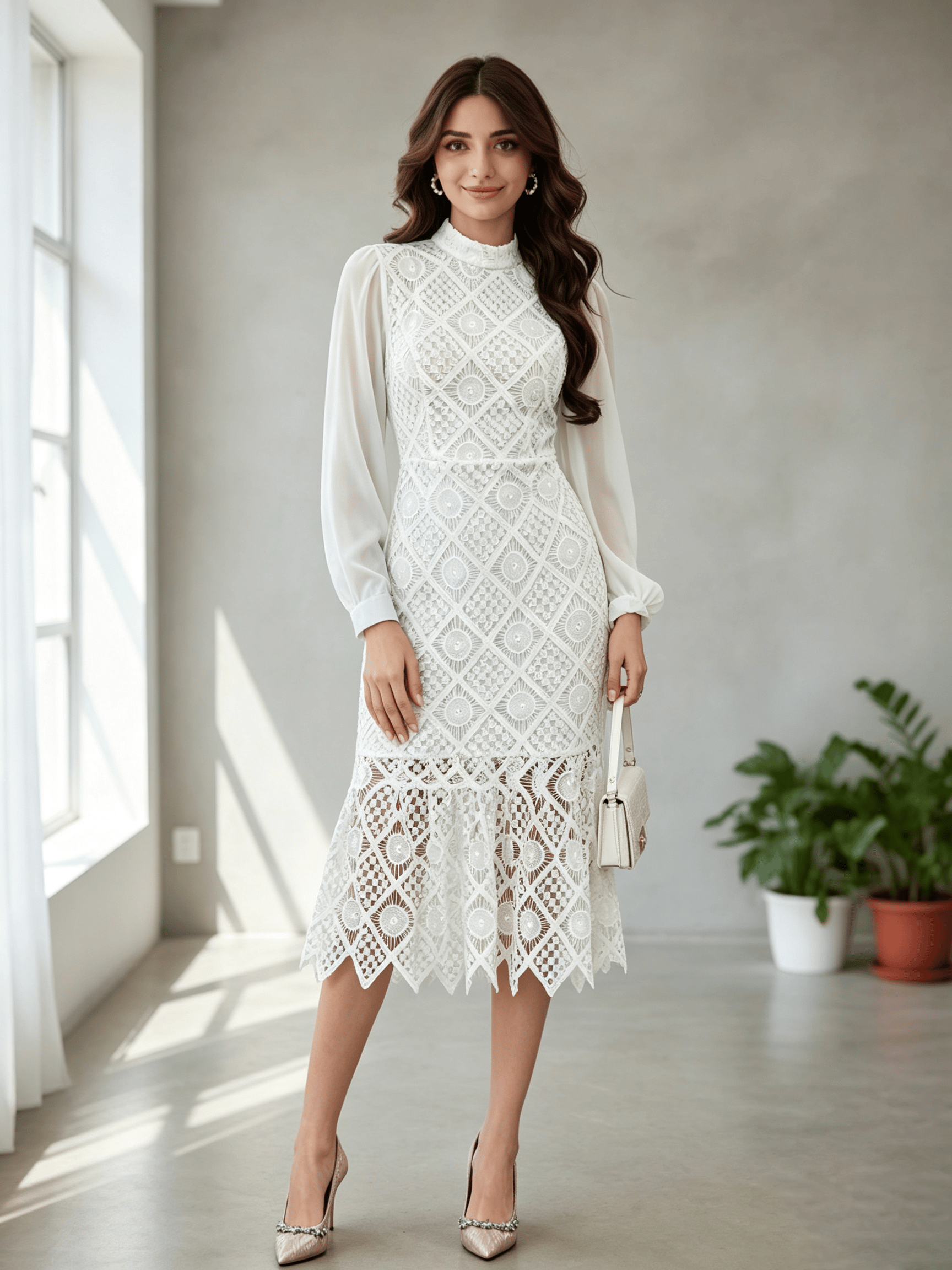 White Lace Bodycon Midi Dress with Long Sleeves