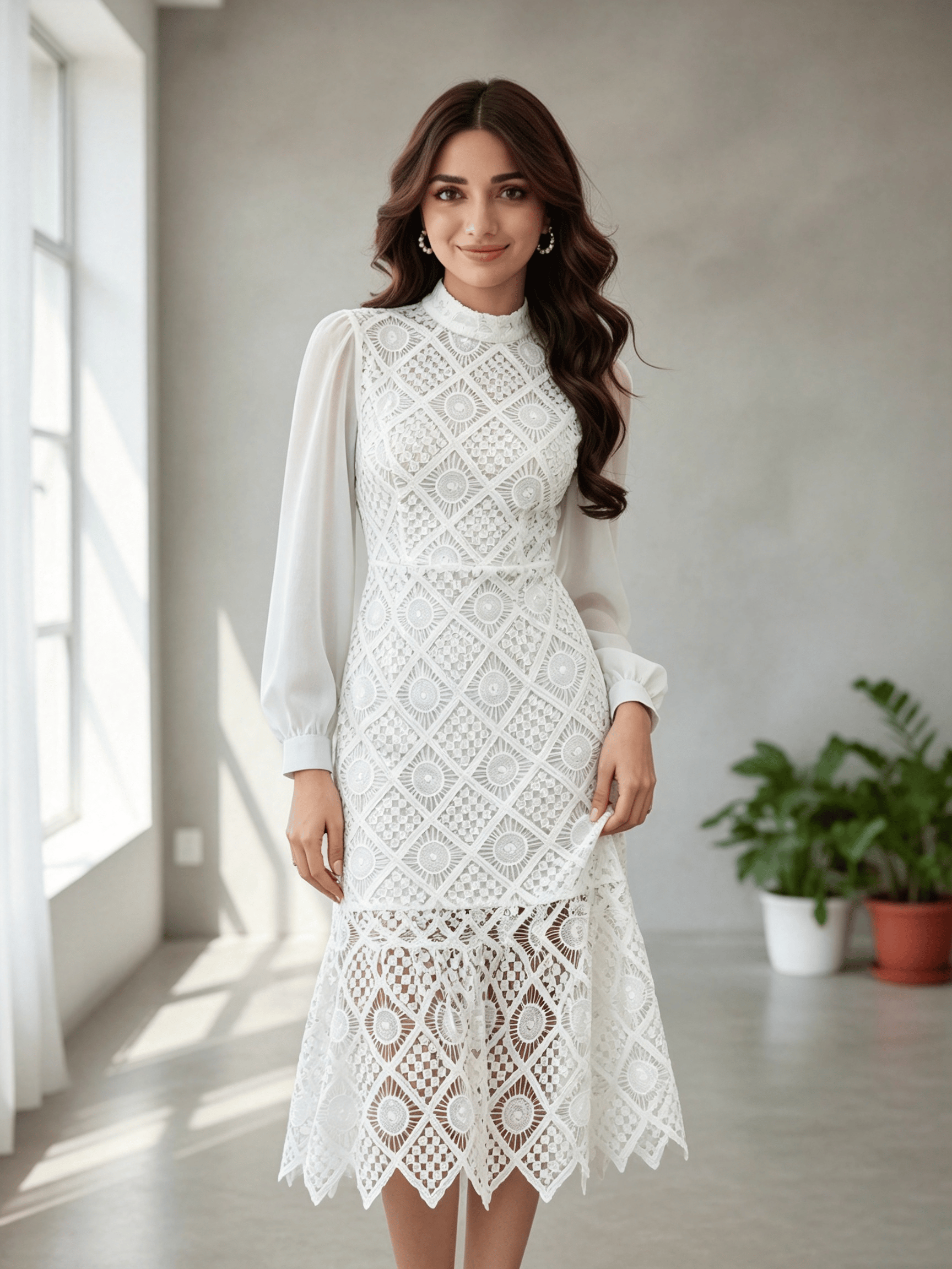 White Lace Bodycon Midi Dress with Long Sleeves