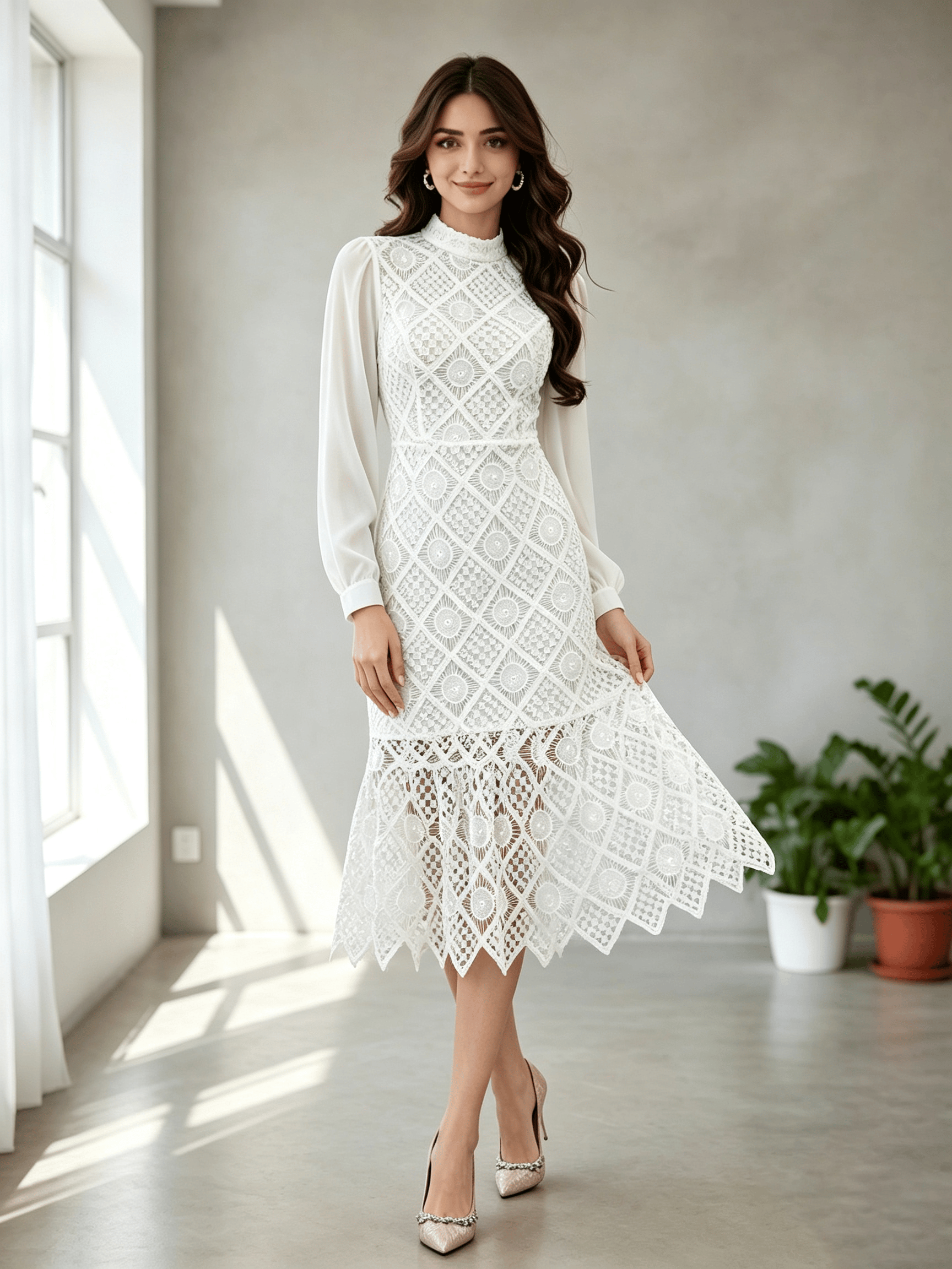 White Lace Bodycon Midi Dress with Long Sleeves