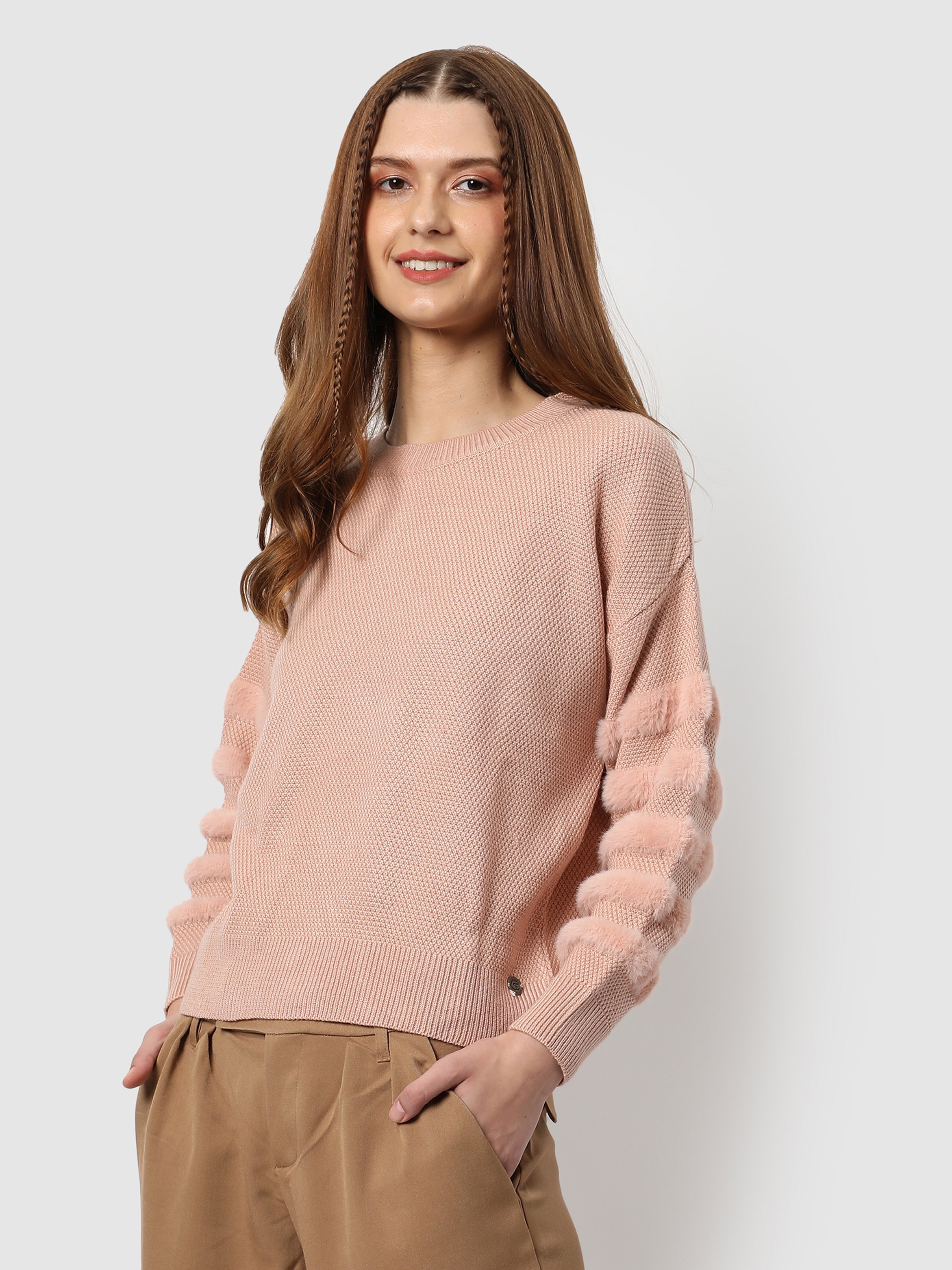 Pink Knitted Sweater with Faux Fur Sleeves
