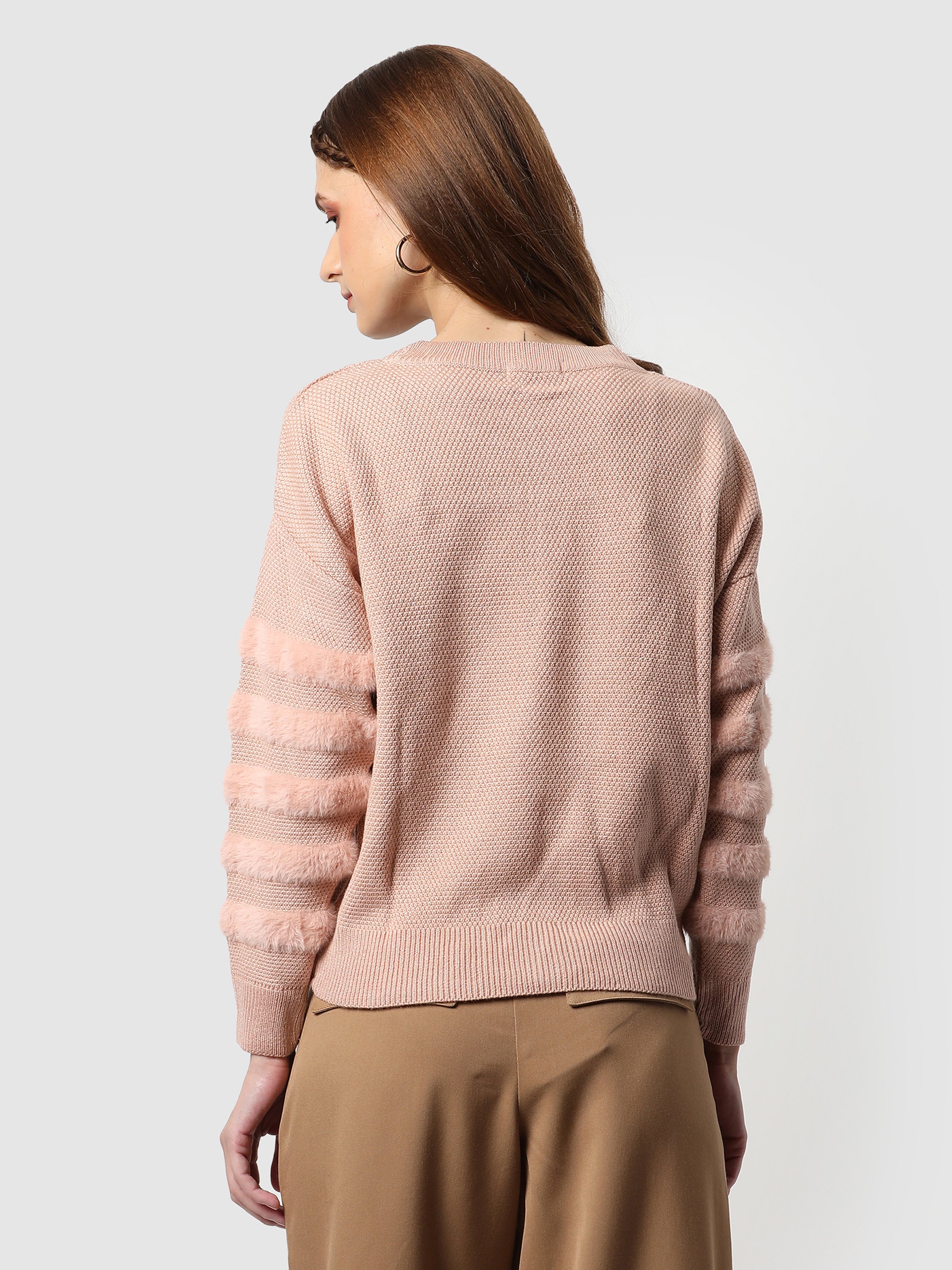 Pink Knitted Sweater with Faux Fur Sleeves