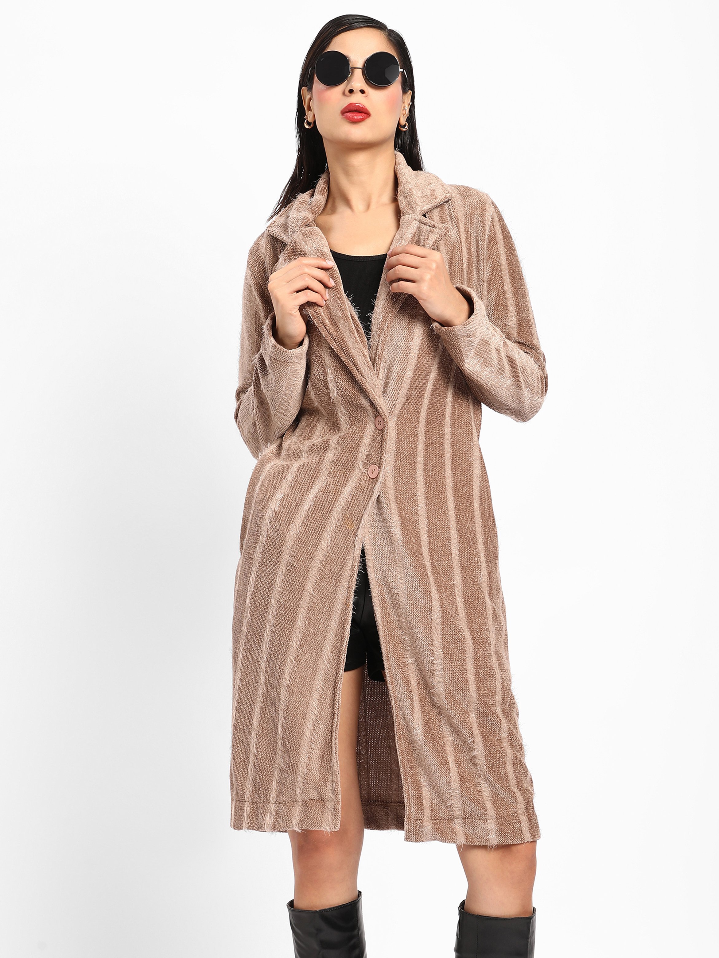Brown Striped Longline Coat