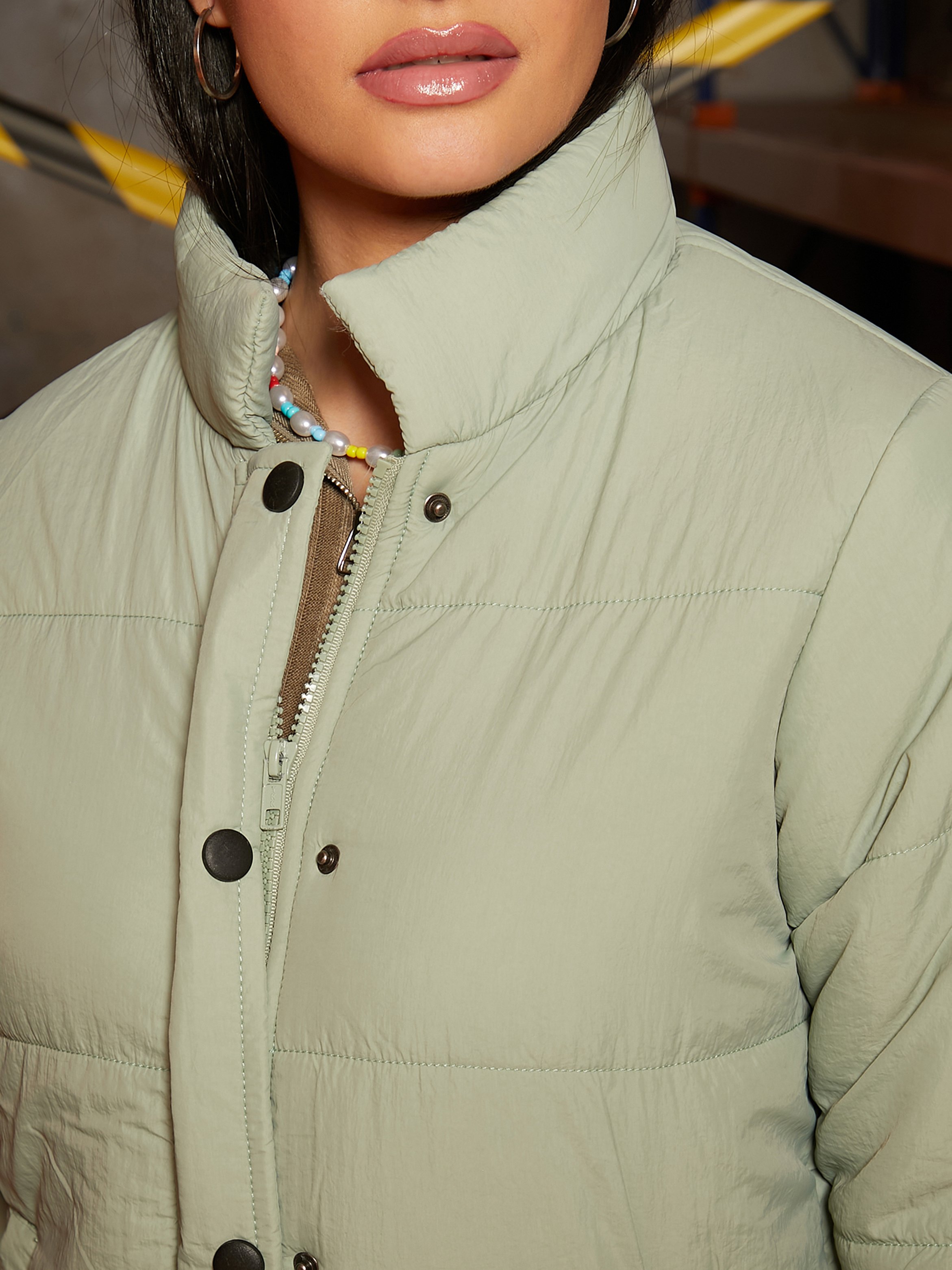 Sage Green Puffer Jacket with Ribbed Cuffs