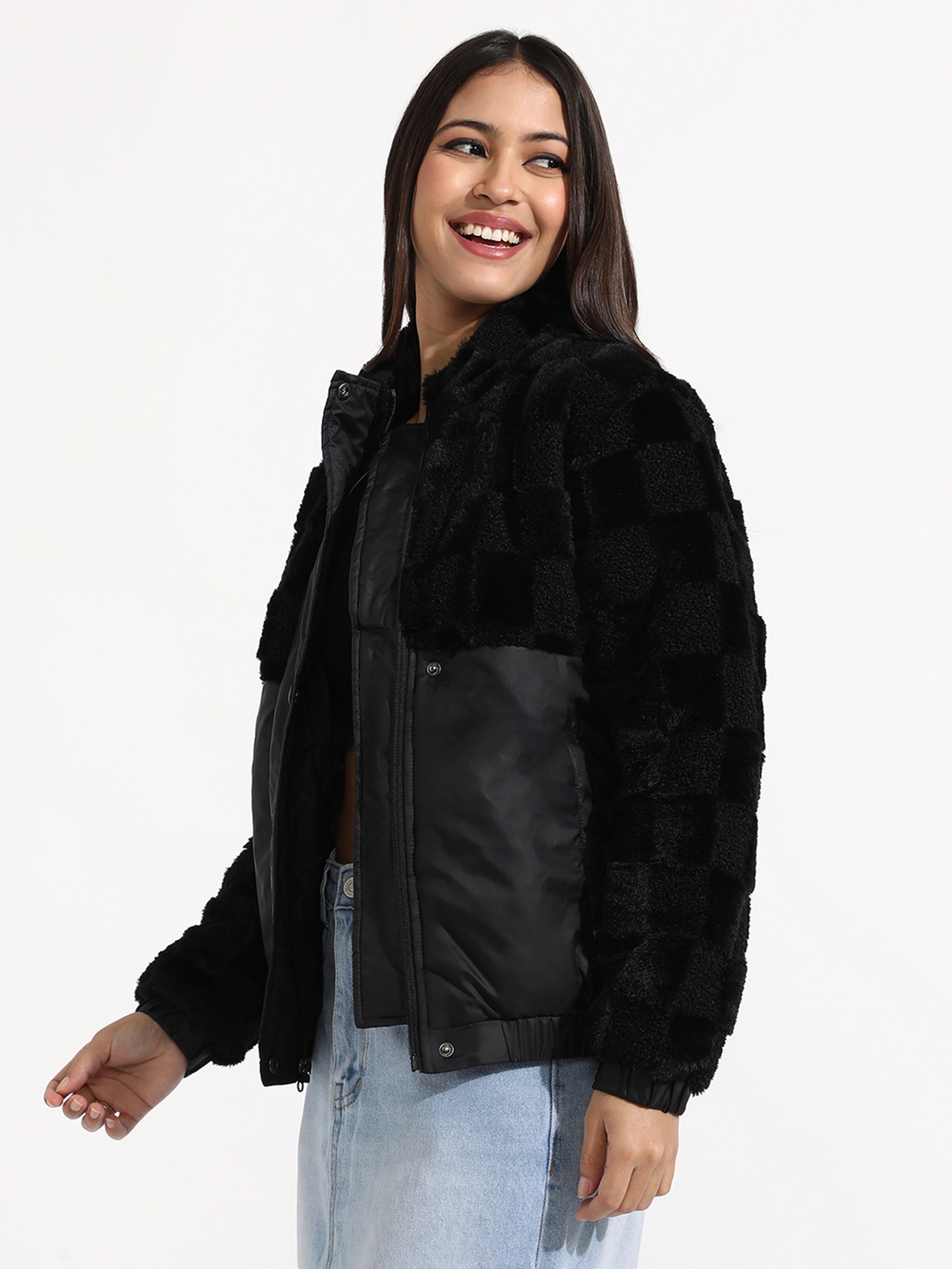 Black Quilted and Faux Fur Panel Jacket