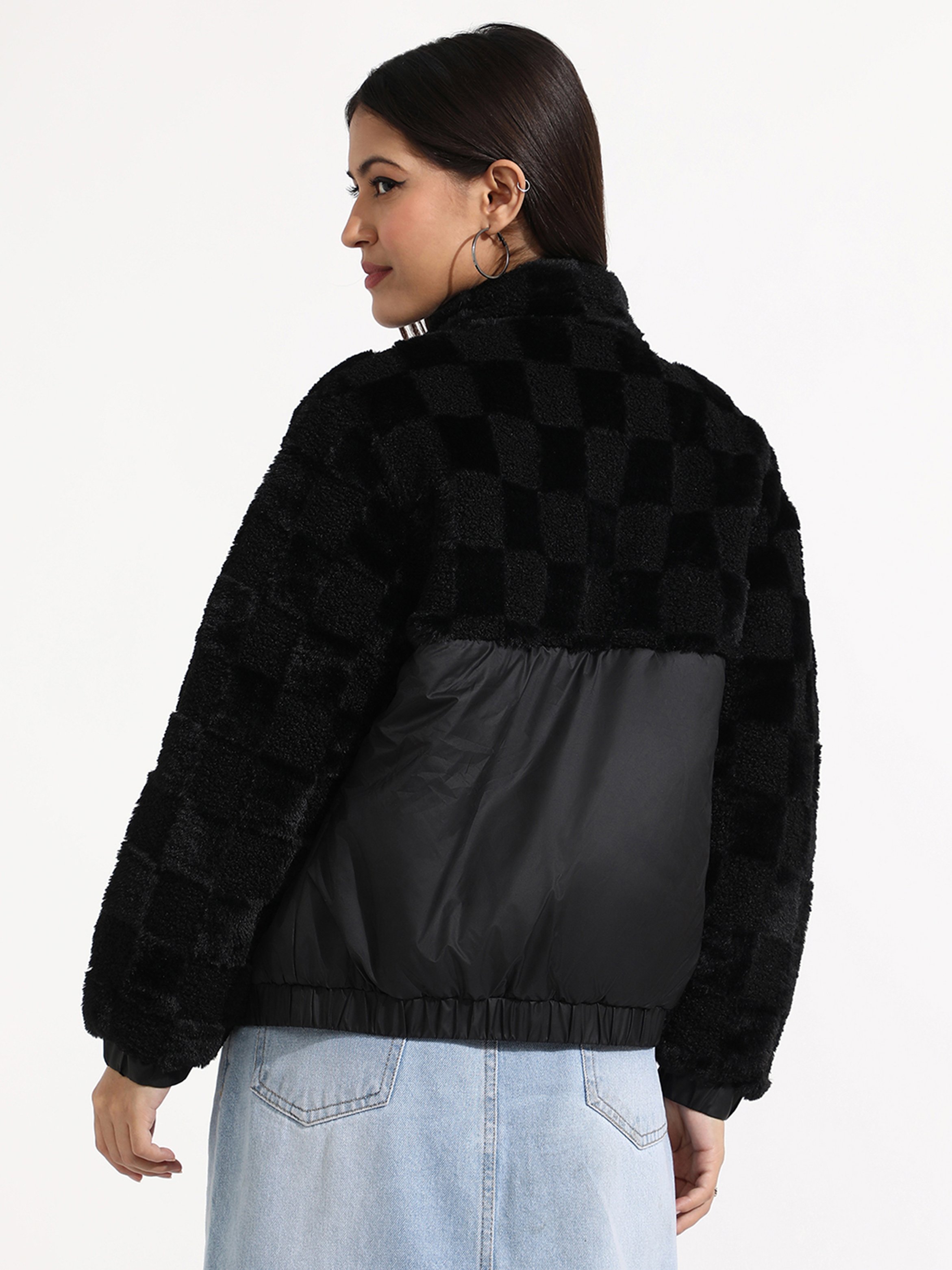 Black Quilted and Faux Fur Panel Jacket