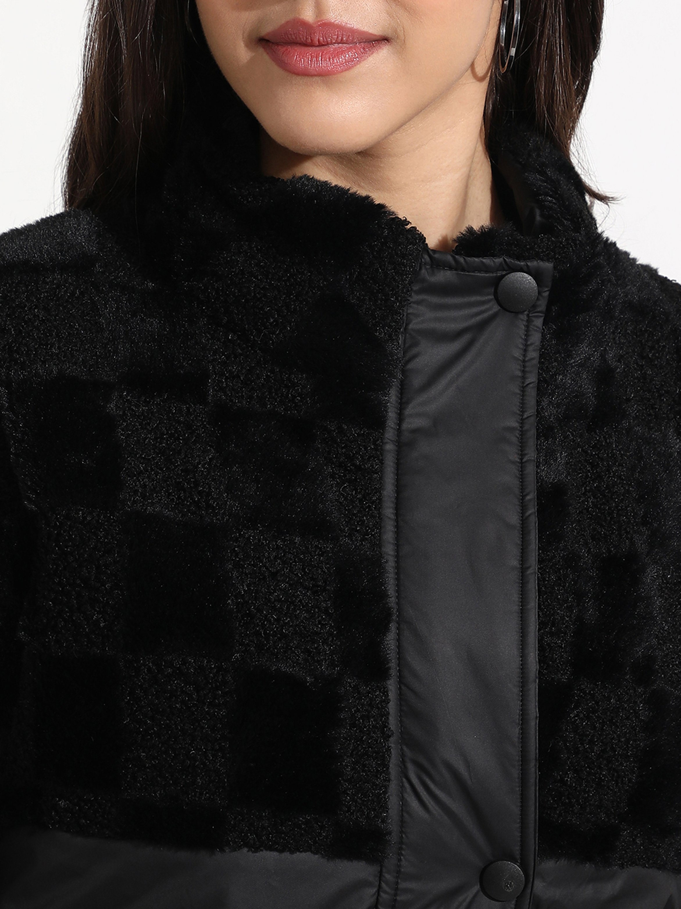 Black Quilted and Faux Fur Panel Jacket