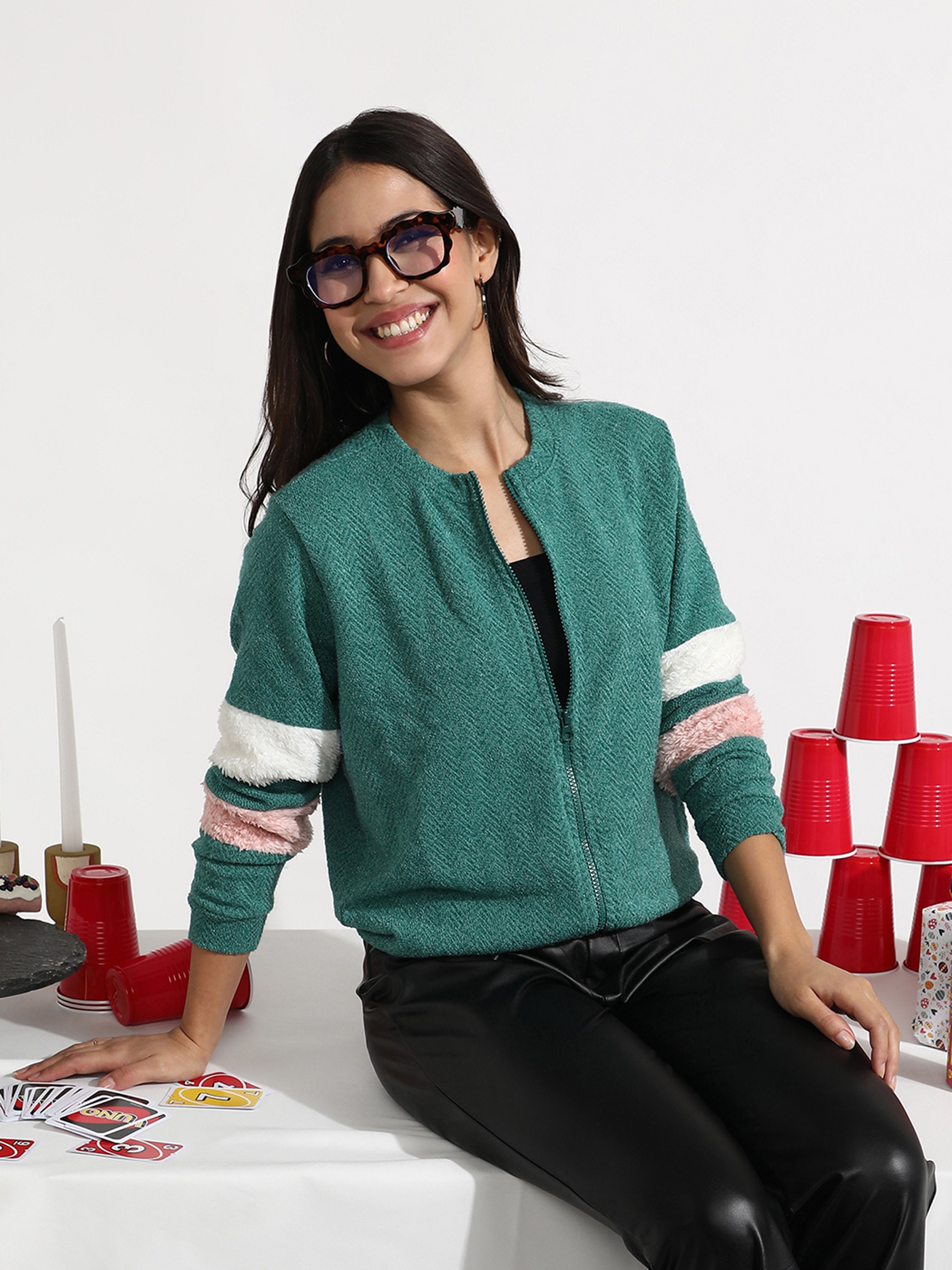 Teal Chevron Zip-Up Jacket