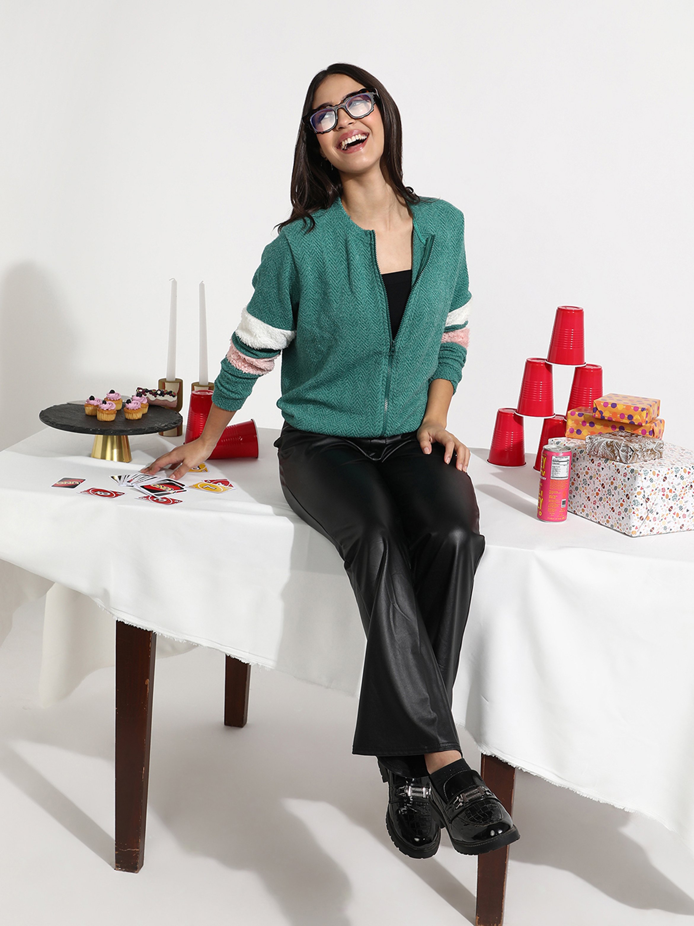 Teal Chevron Zip-Up Jacket