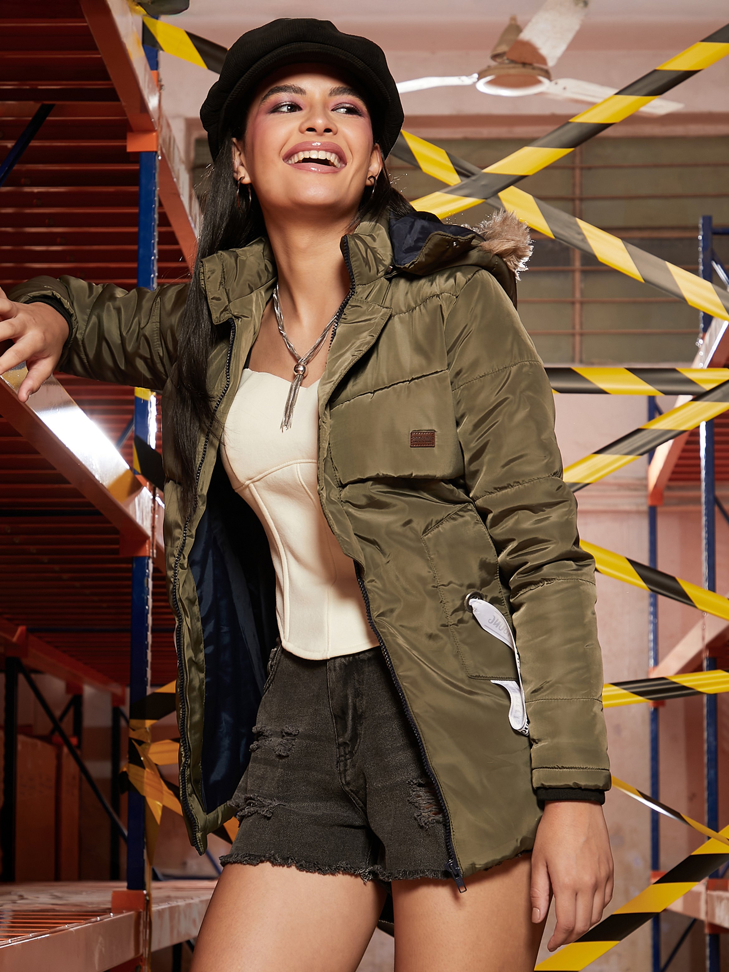 Olive Puffer Jacket with Faux Fur Hood