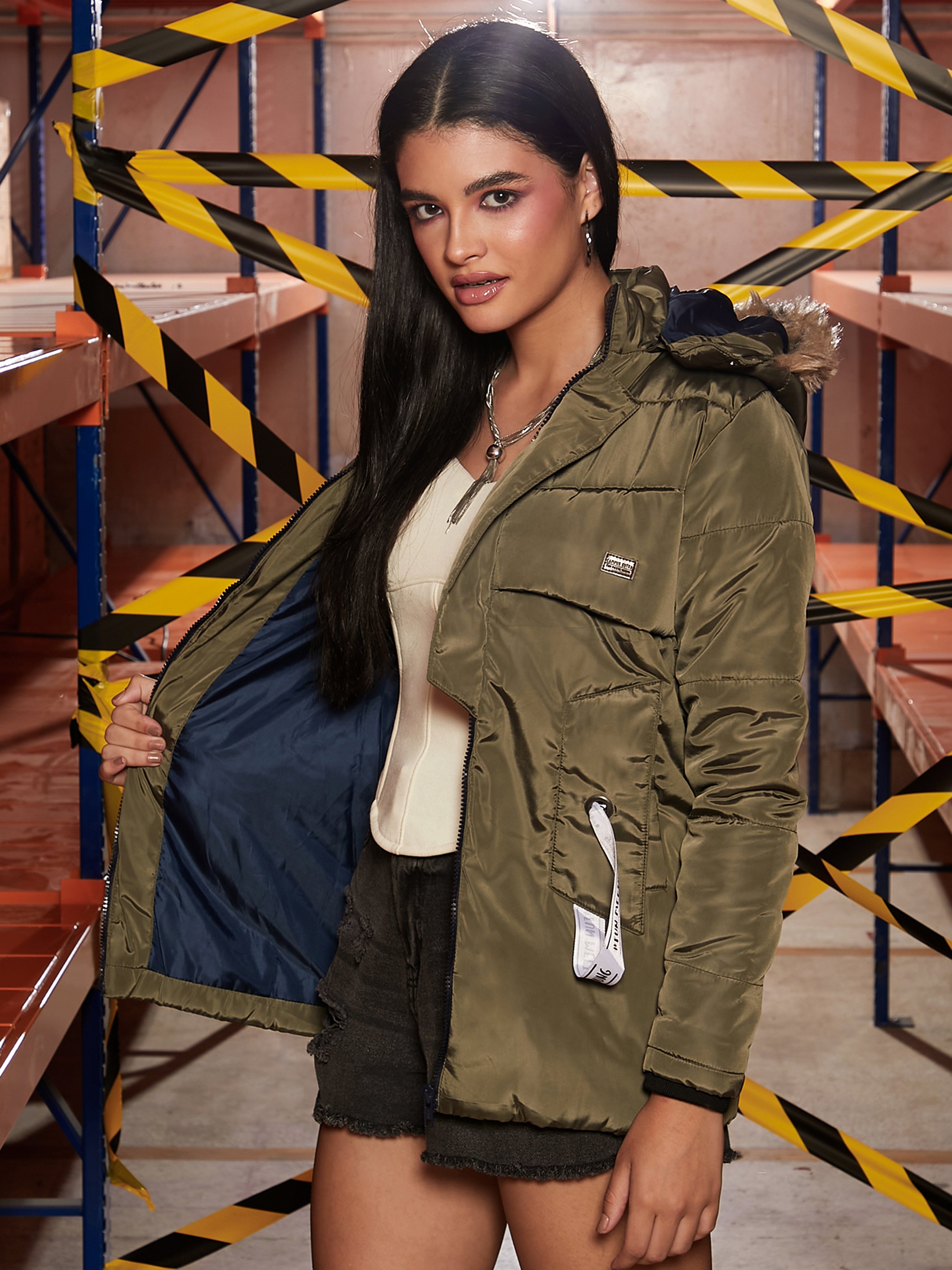 Olive Puffer Jacket with Faux Fur Hood