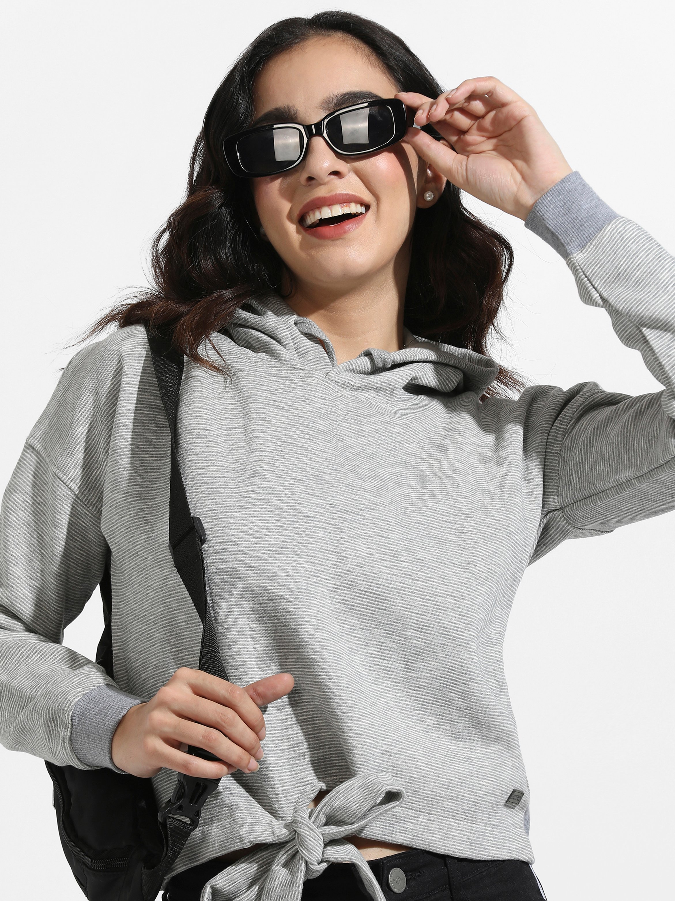Grey Striped Regular Fit Hoodie with Tie-Up Detail