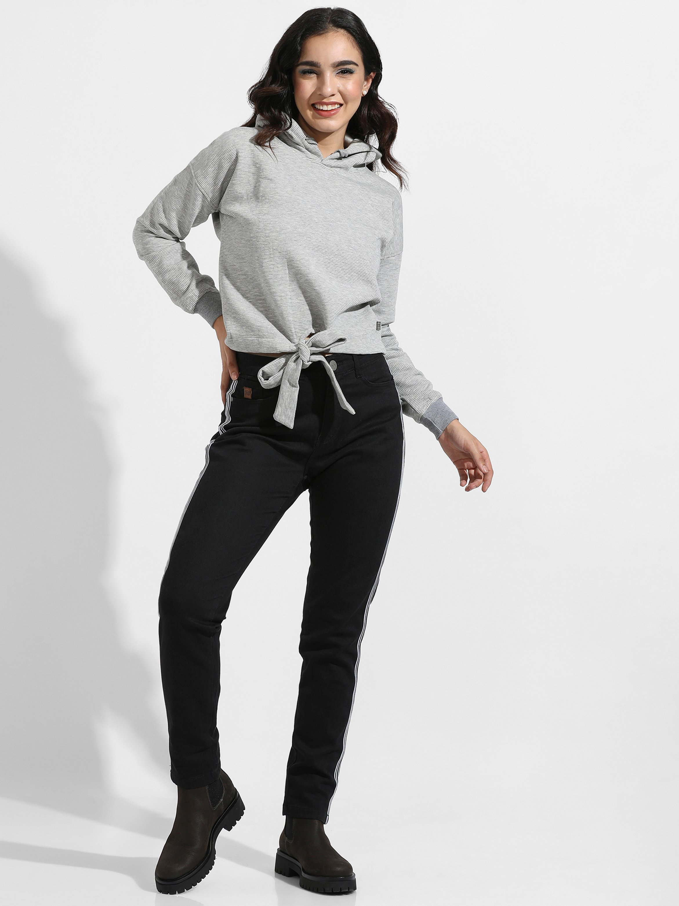 Grey Striped Regular Fit Hoodie with Tie-Up Detail