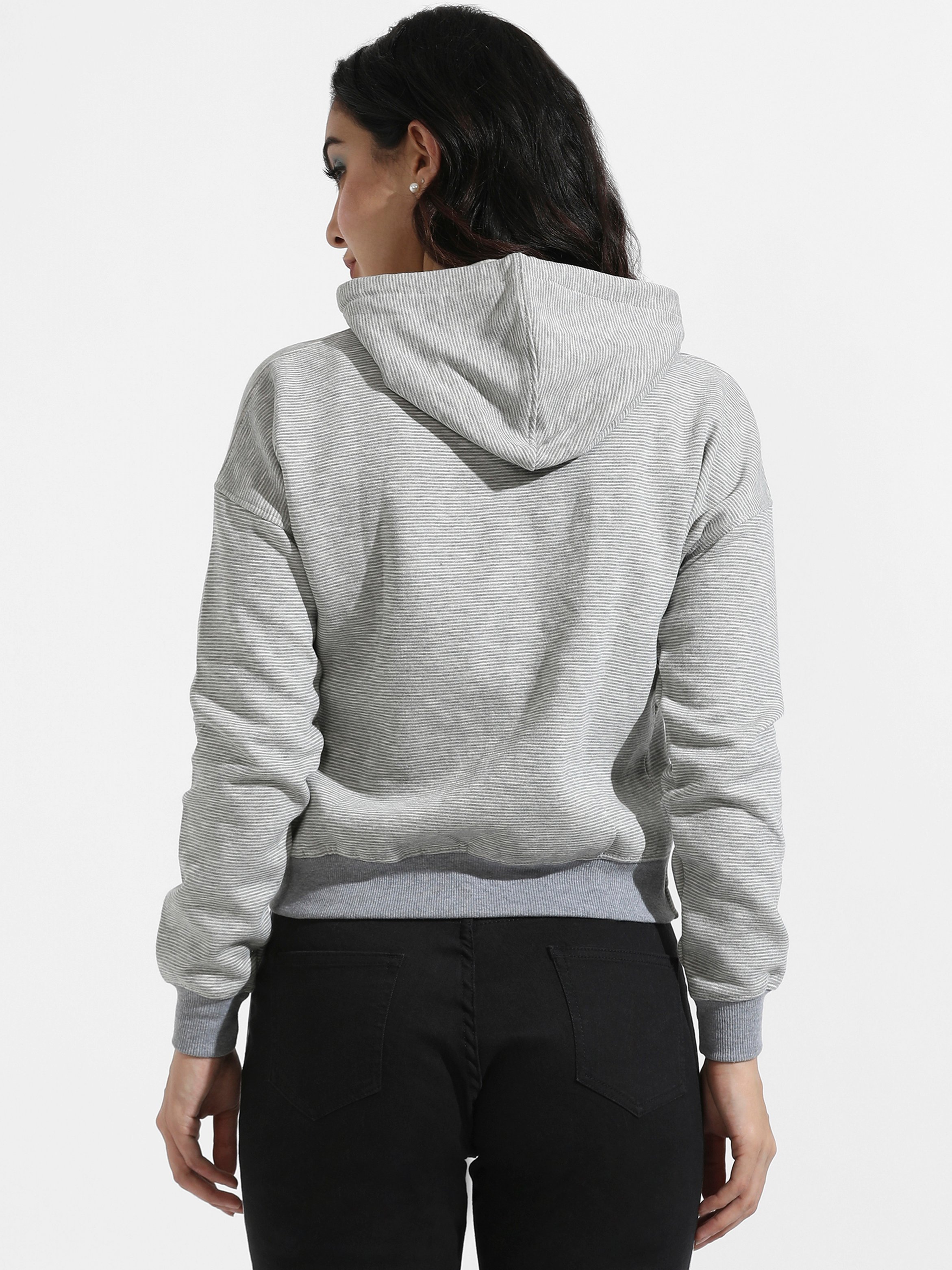 Grey Striped Regular Fit Hoodie with Tie-Up Detail