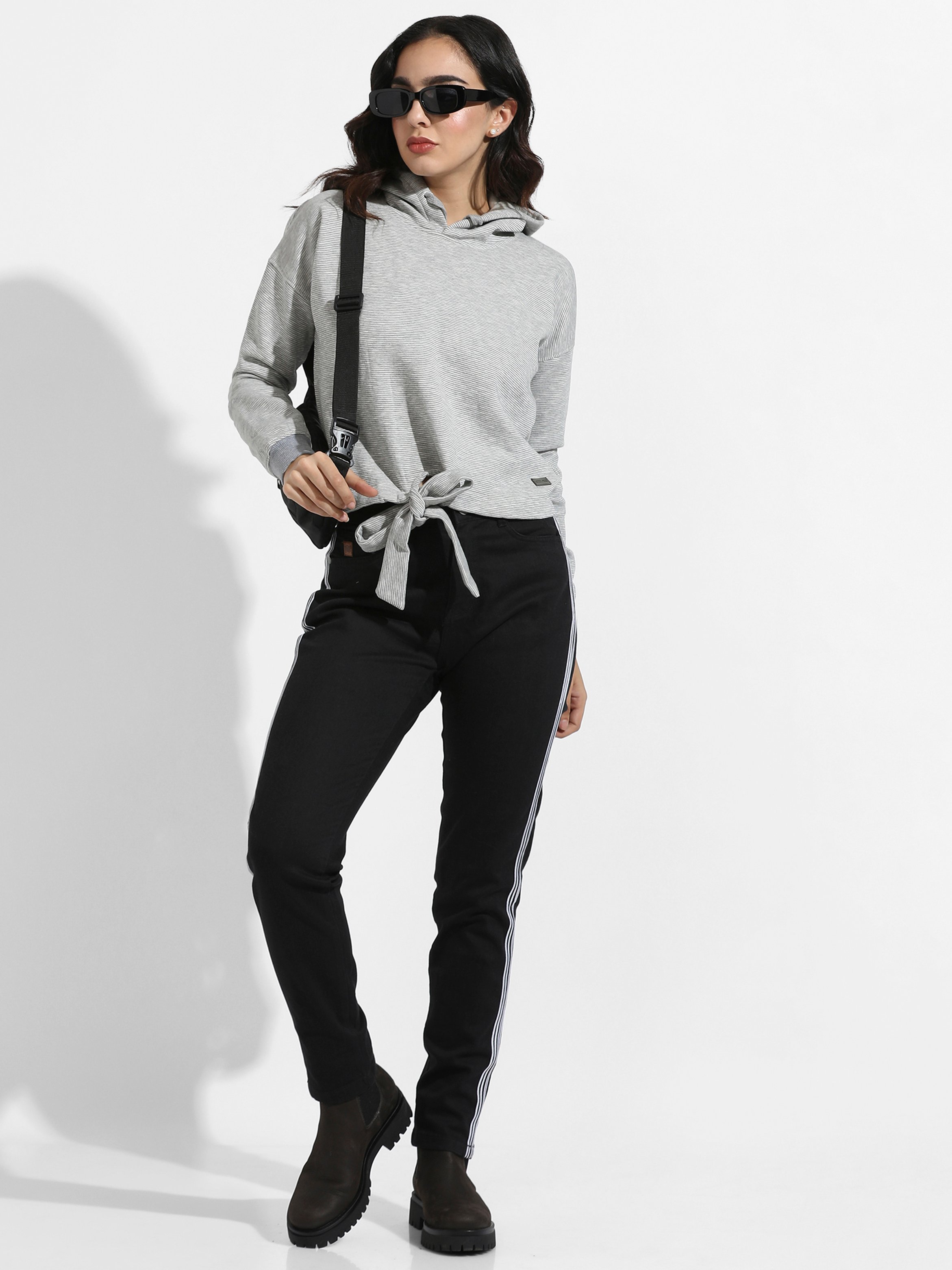 Grey Striped Regular Fit Hoodie with Tie-Up Detail