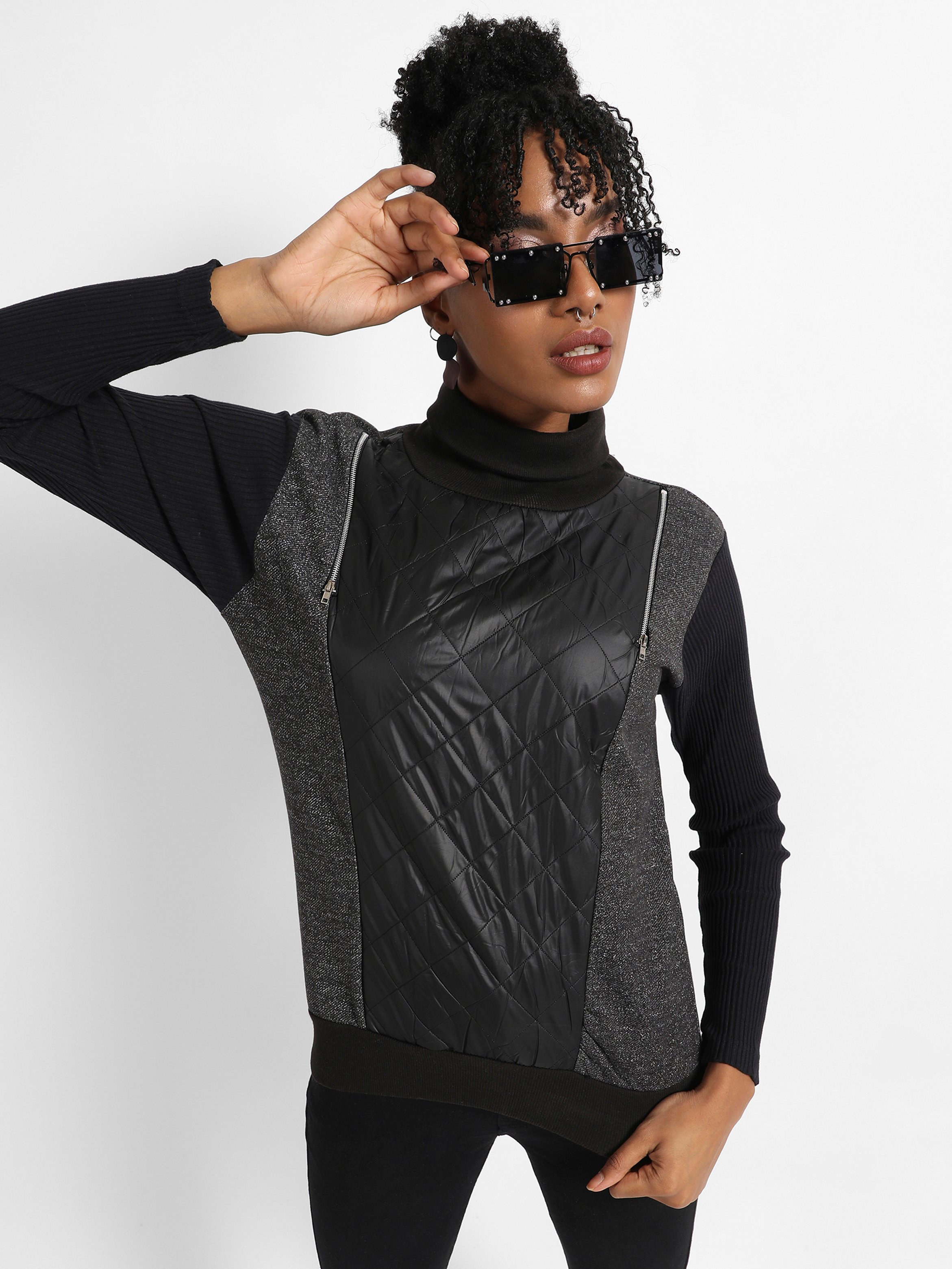 Black Quilted Panel Turtle Neck Sweatshirt