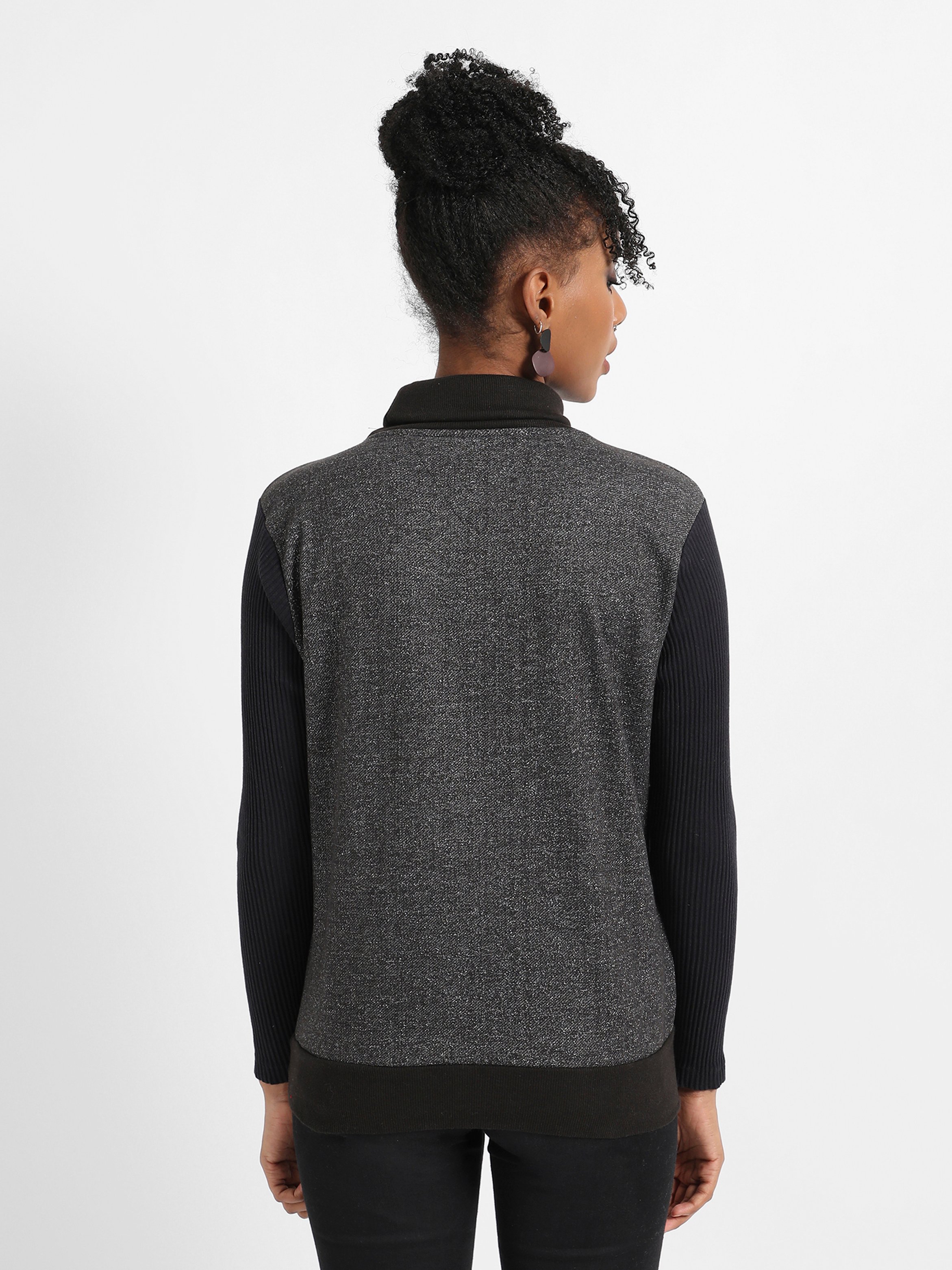 Black Quilted Panel Turtle Neck Sweatshirt