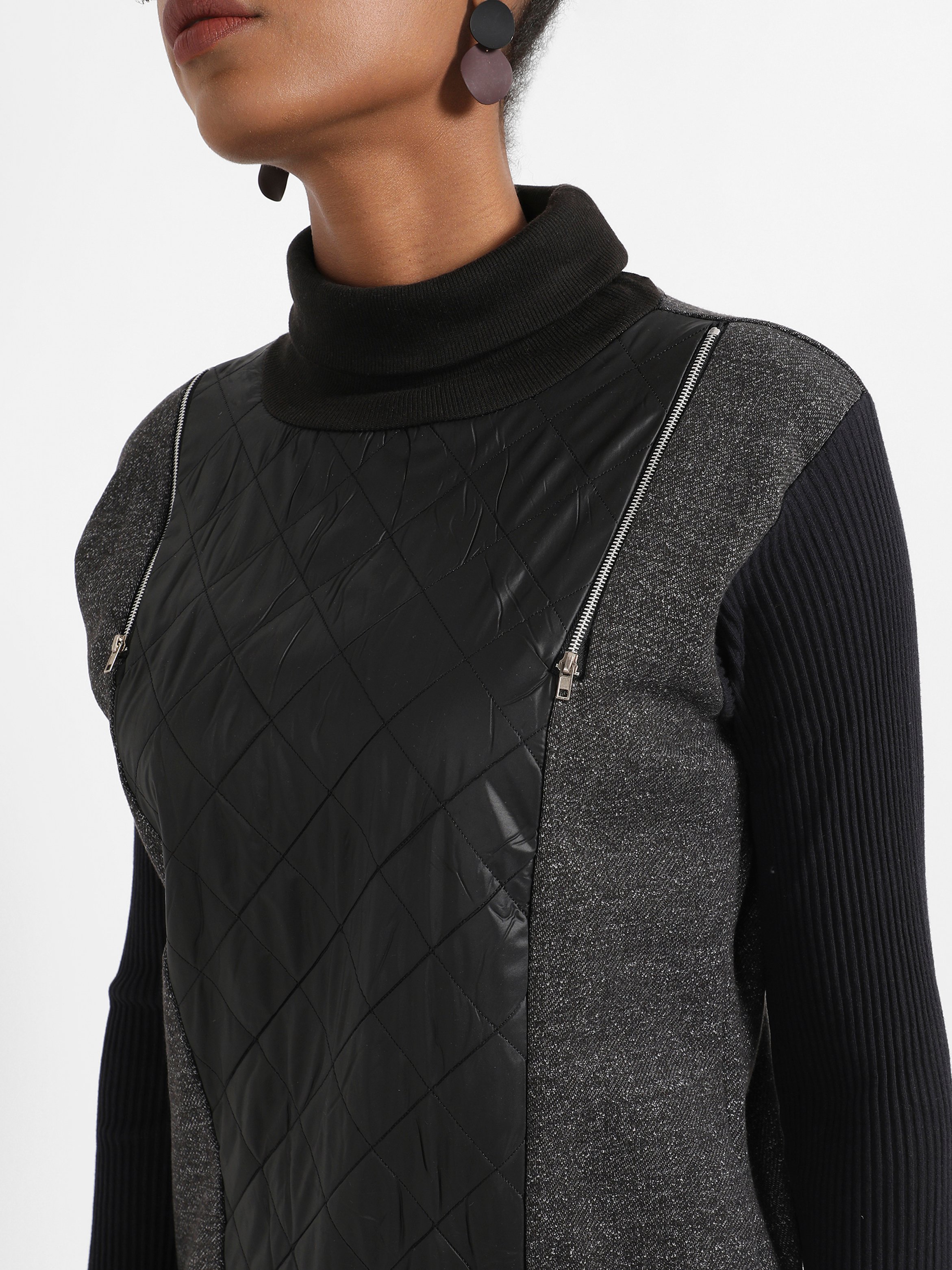 Black Quilted Panel Turtle Neck Sweatshirt