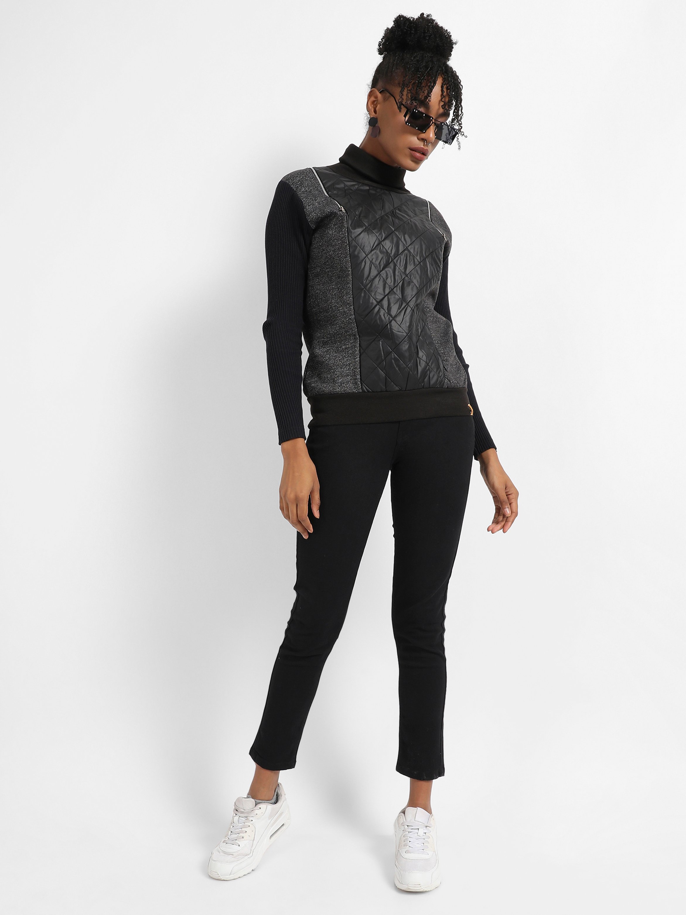 Black Quilted Panel Turtle Neck Sweatshirt