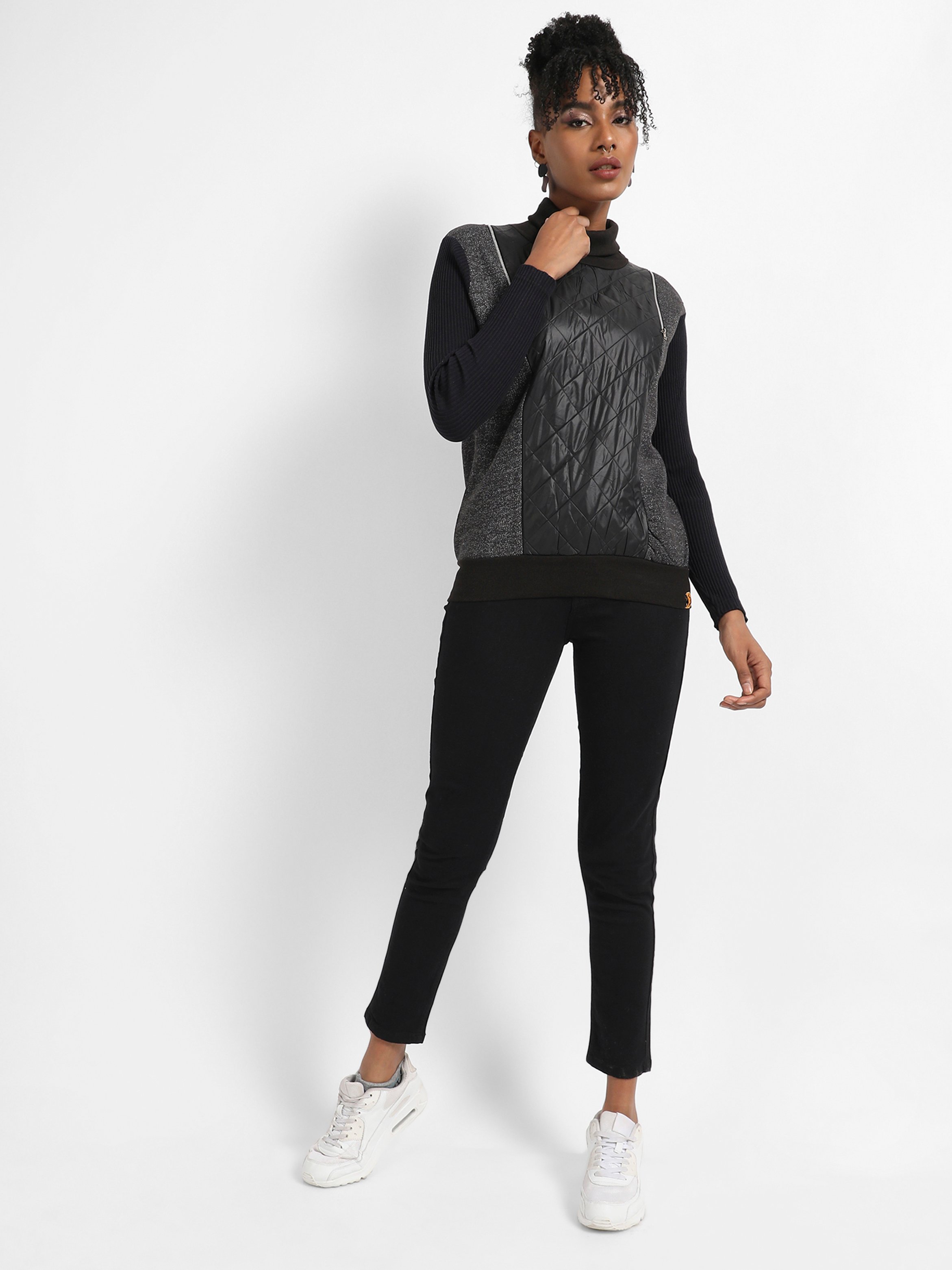 Black Quilted Panel Turtle Neck Sweatshirt