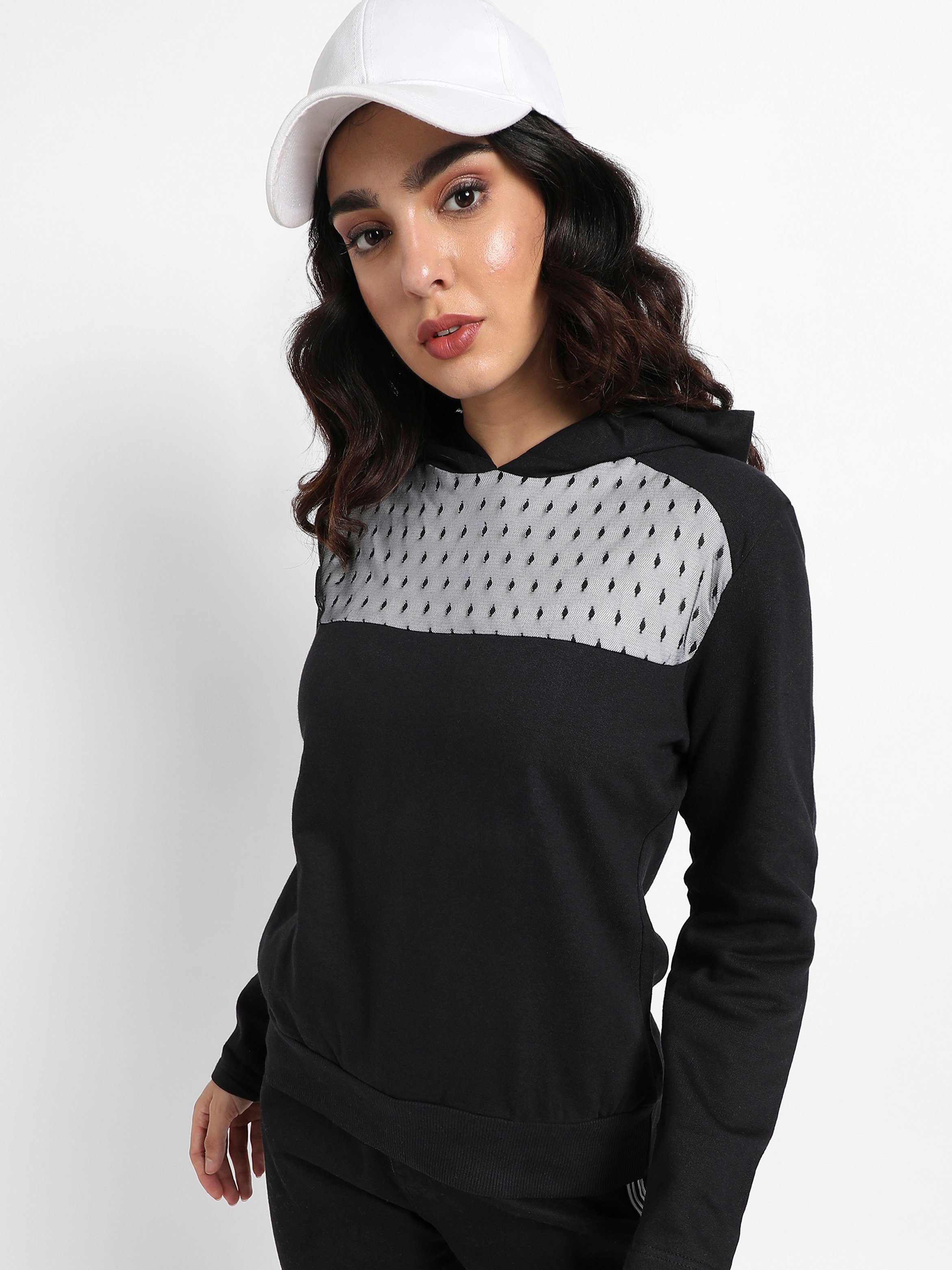 Black Regular Fit Hoodie with Mesh Detail