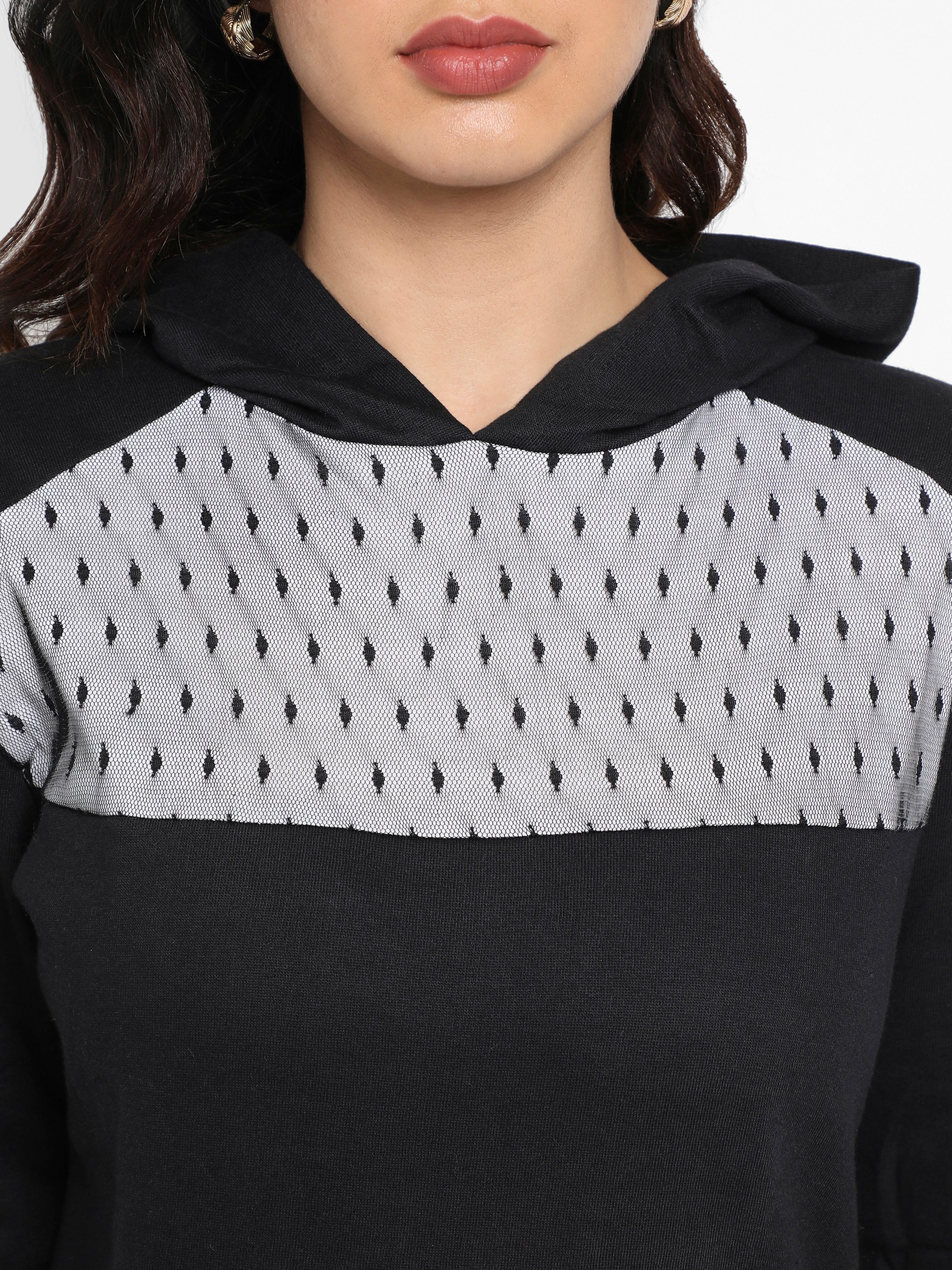 Black Regular Fit Hoodie with Mesh Detail