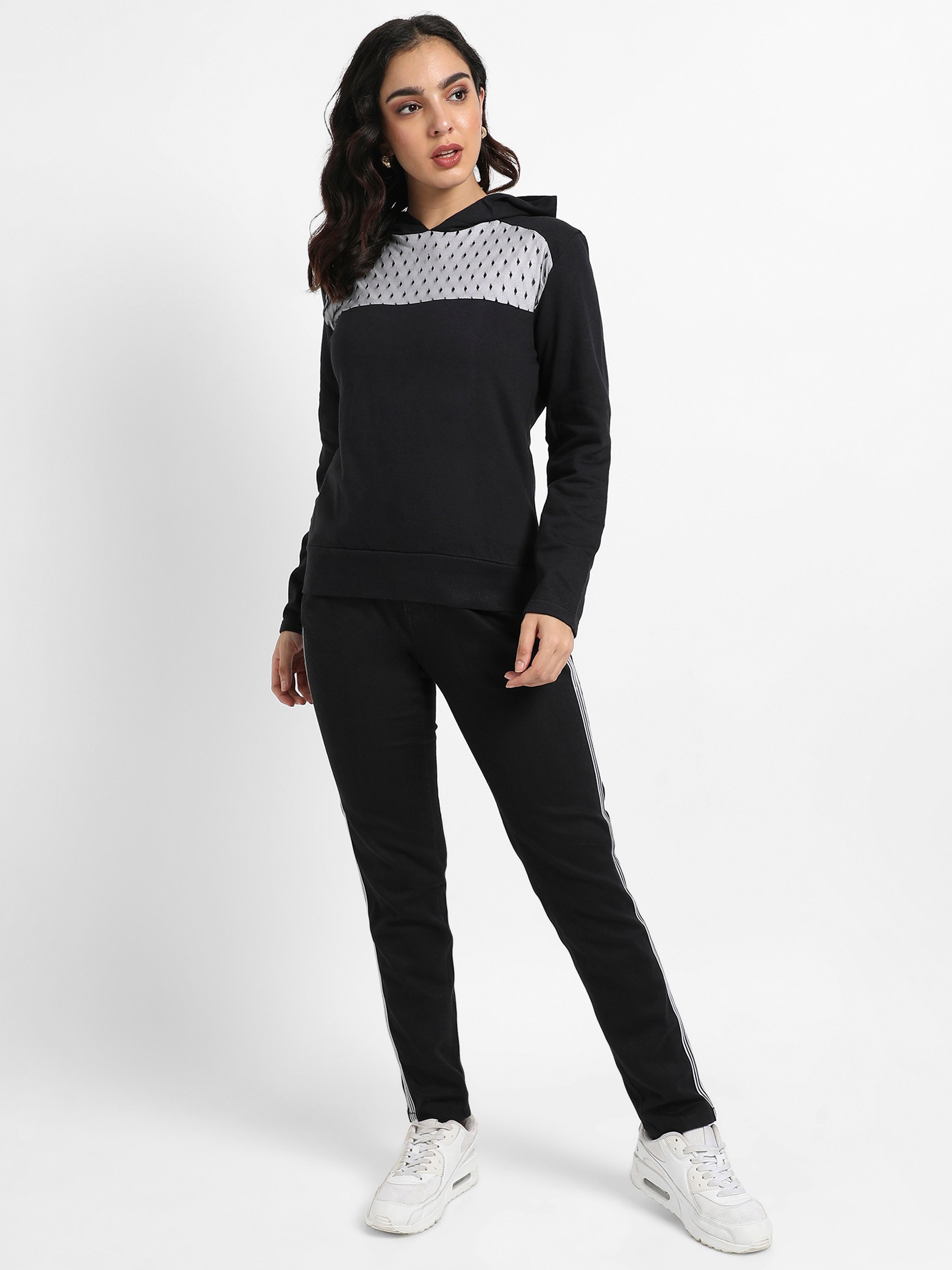 Black Regular Fit Hoodie with Mesh Detail