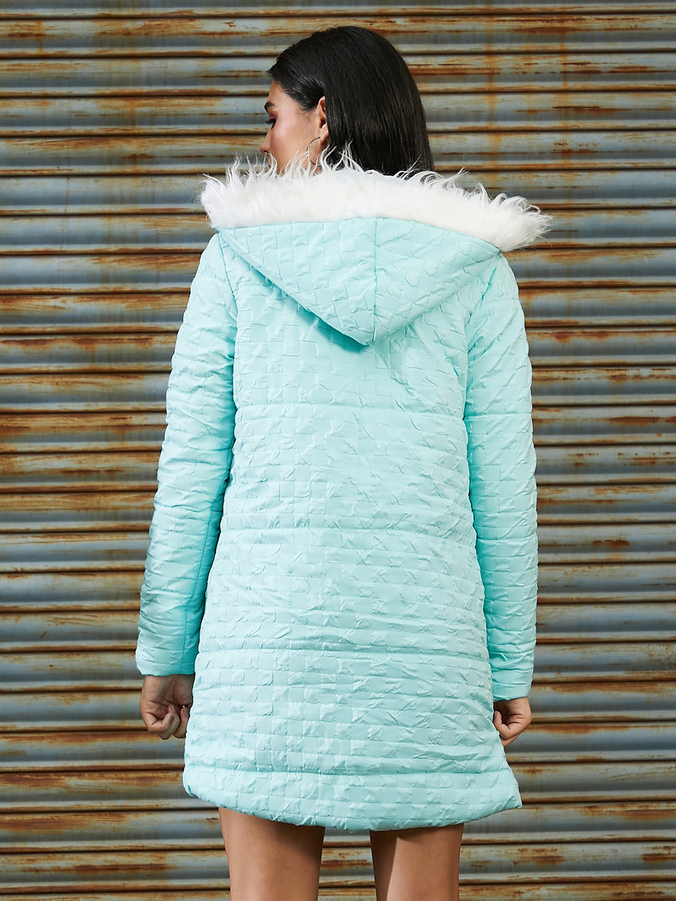 Turquoise Quilted Puffer Jacket with Faux Fur Hood