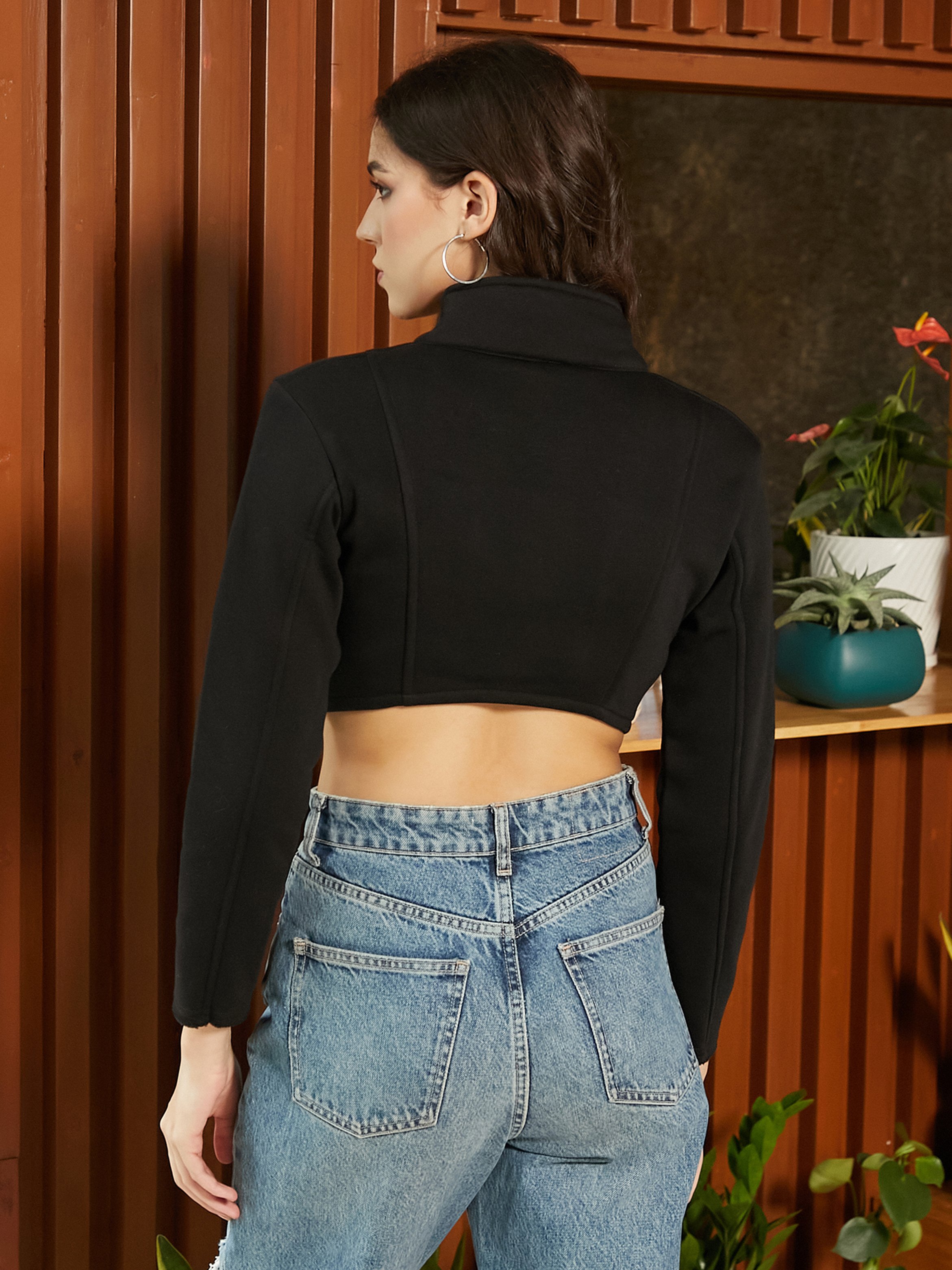 Black Cropped Zip-Up Sweatshirt
