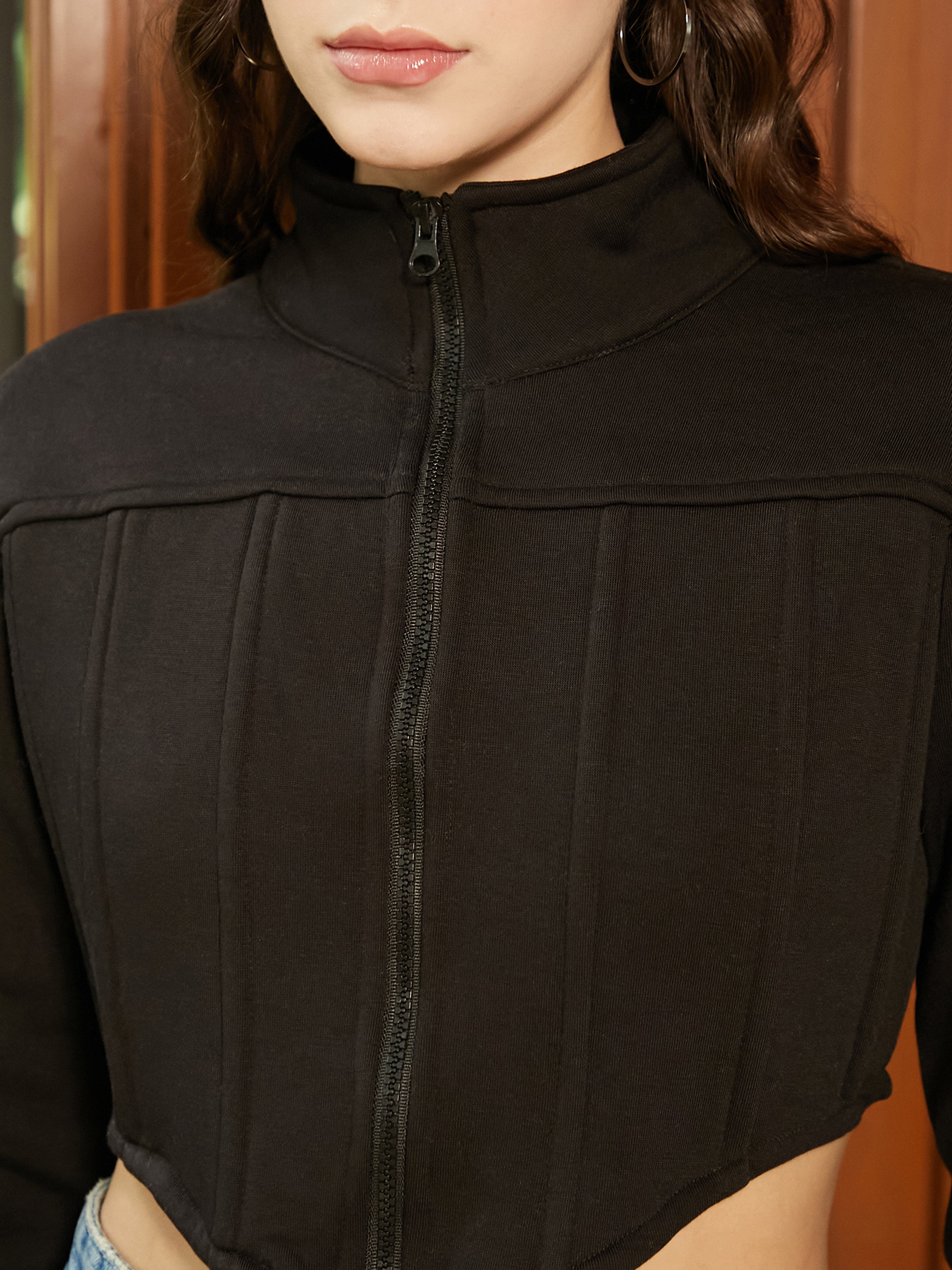 Black Cropped Zip-Up Sweatshirt