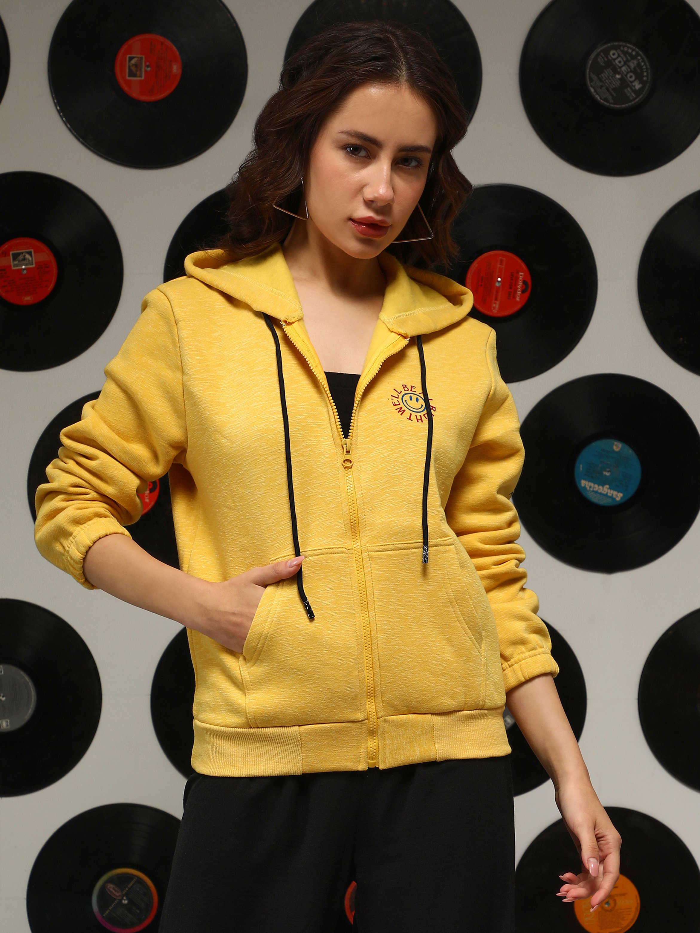 Yellow Full-Zip Hoodie with Well Be Alright Print