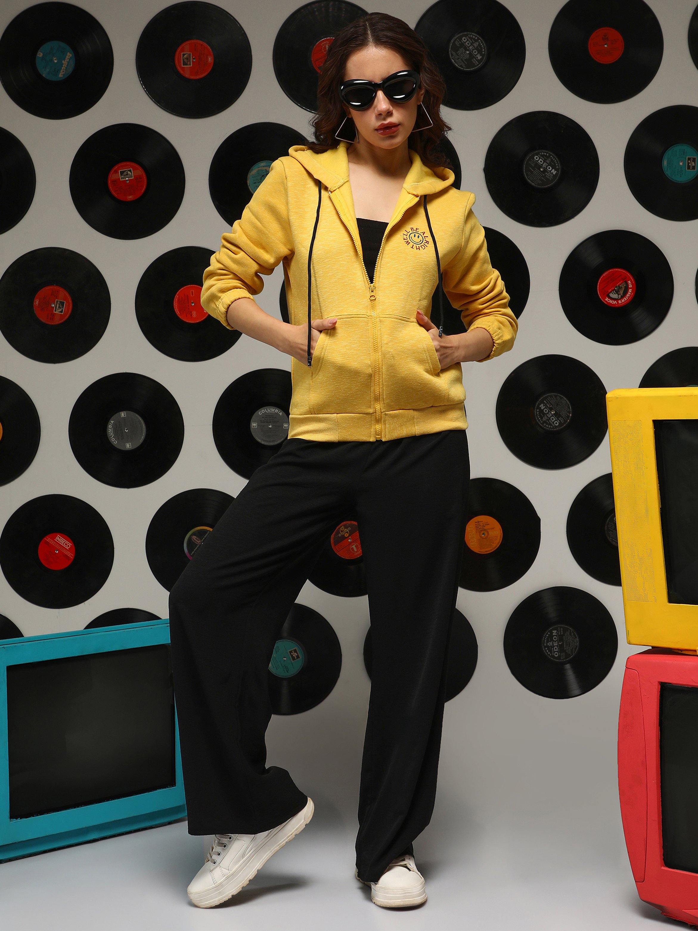 Yellow Full-Zip Hoodie with Well Be Alright Print
