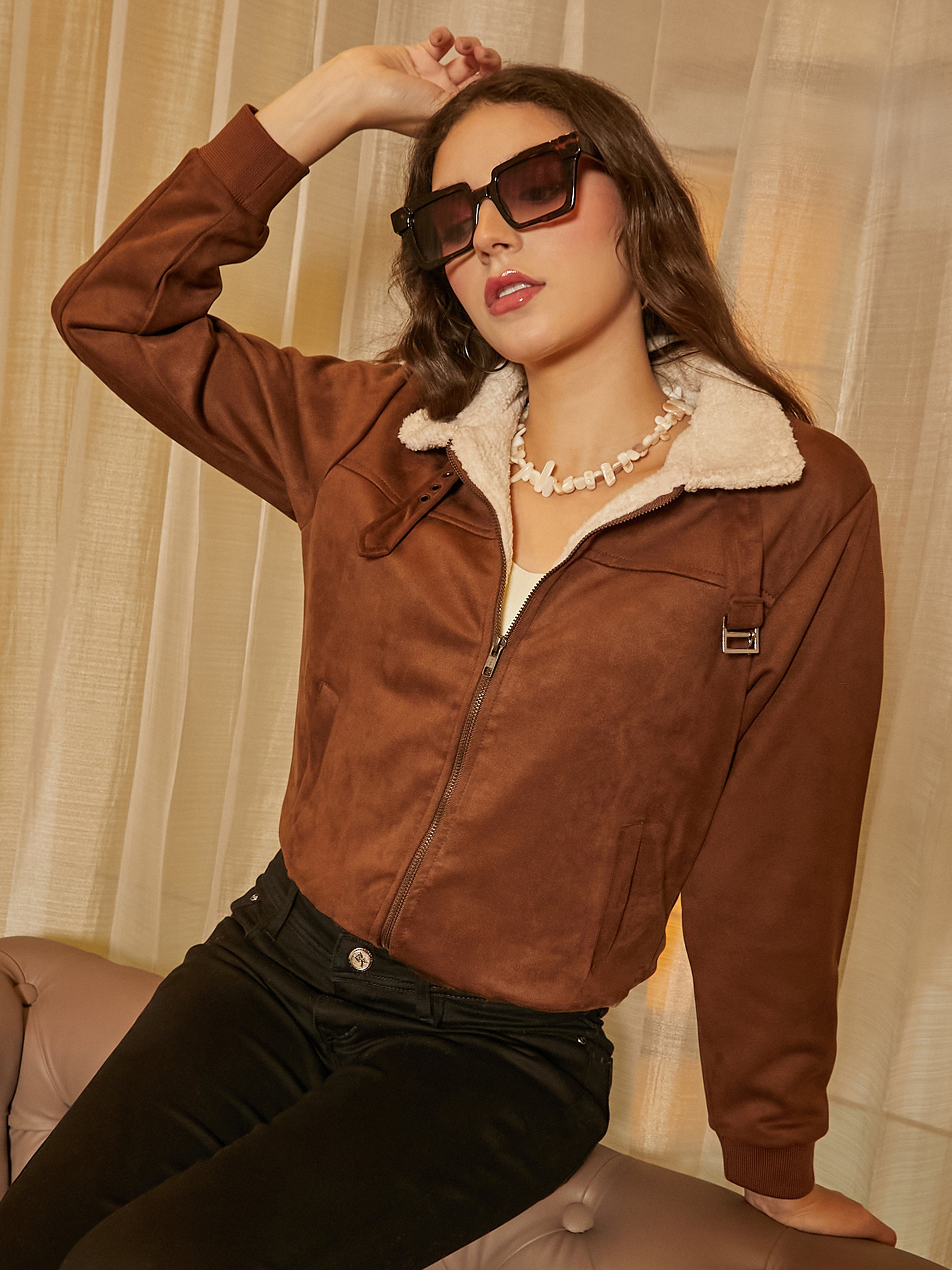 Brown Faux Suede Shearling Aviator Jacket